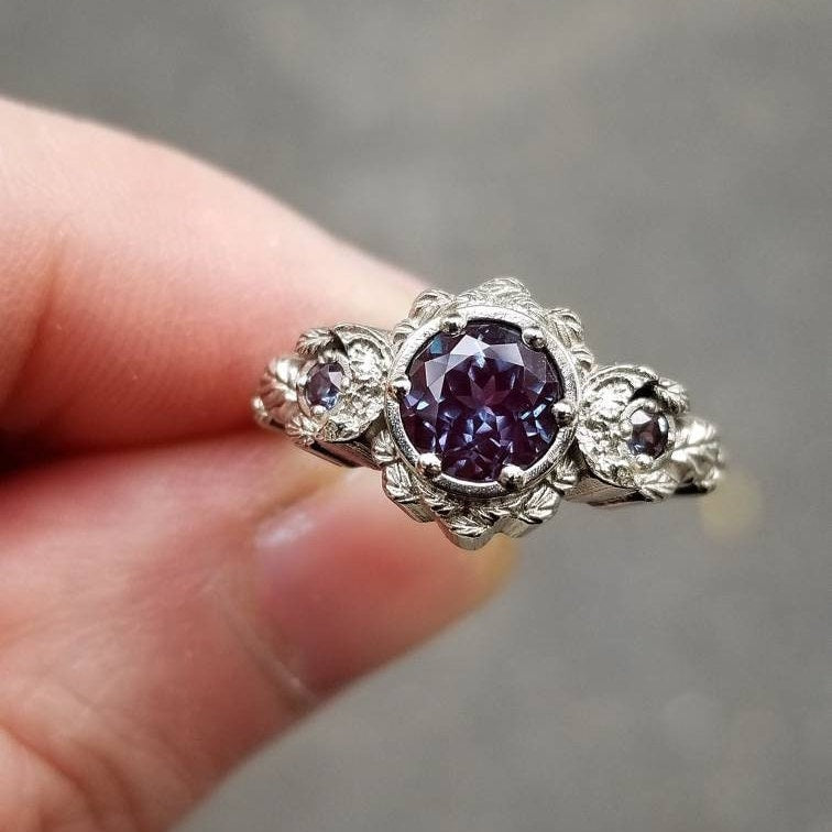 Chatham Alexandrite Leaf & Crescent Moon Engagement Ring - 14k Rose, Yellow or White Gold - Nature Inspired Antique Jewelry for Weddings & Proposals