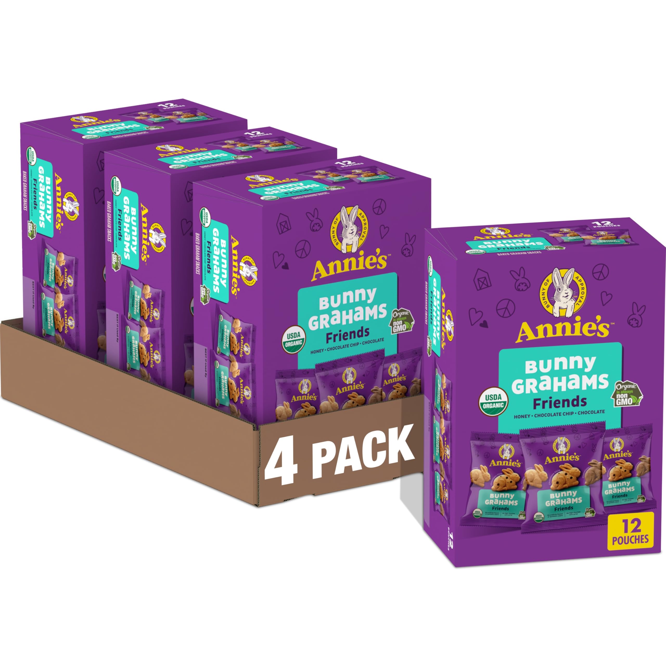 Annie's Organic Bunny Grahams Snacks - Chocolate Chip, Chocolate & Honey Flavors, 12 Pouches (12 oz Each), Pack of 4 | Healthy Baked Graham Crackers for Kids Lunch, School Snacks & On-the-Go Treats