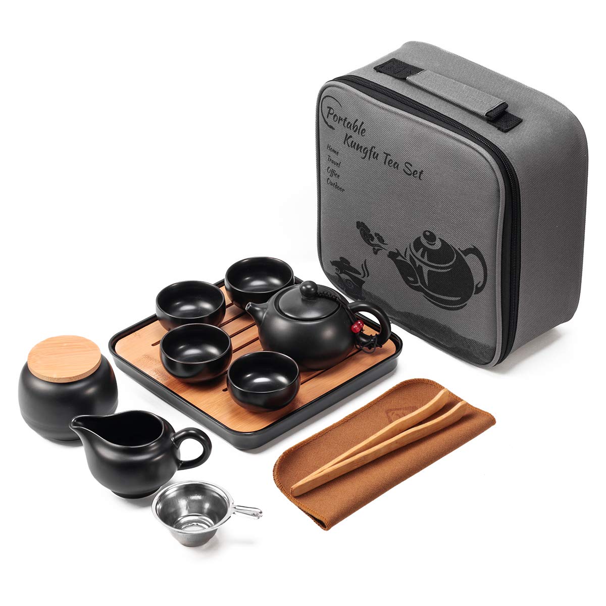 Premium Chinese Ceramic Tea Set with Tray & Infuser - Portable Travel Tea Pot & Cups in All-in-One Bag for Outdoor, Picnic, Business & Hotel Use (Black) - Perfect for Home, Office & Gifting