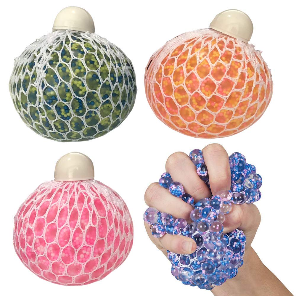 ArtCreativity 4-Pack Mesh Squeeze Bead Balls for Kids - Stress Relief & Sensory Fidget Toys for ADHD, Anxiety - Vibrant Color Assortment - Perfect for Birthday Party Favors, Classroom Rewards, Goodie Bags & Sensory Play Therapy