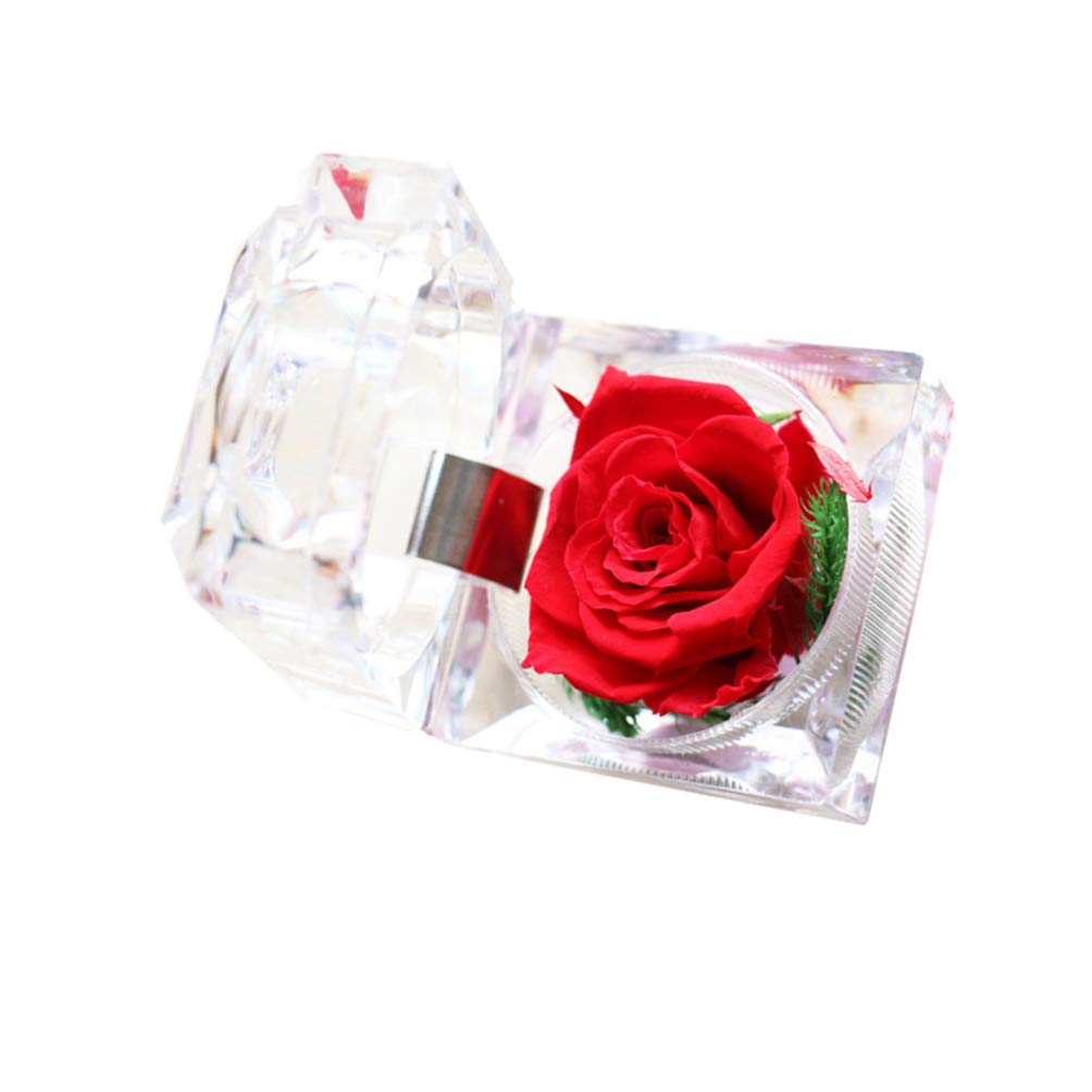 VORCOOL Preserved Eternal Rose in Crystal Acrylic Ring Box - Artificial Red Rose Flower Gift for Birthday, Valentine's Day, Anniversary | Perfect for Romantic Proposals, Wedding Decor & Home Decoration