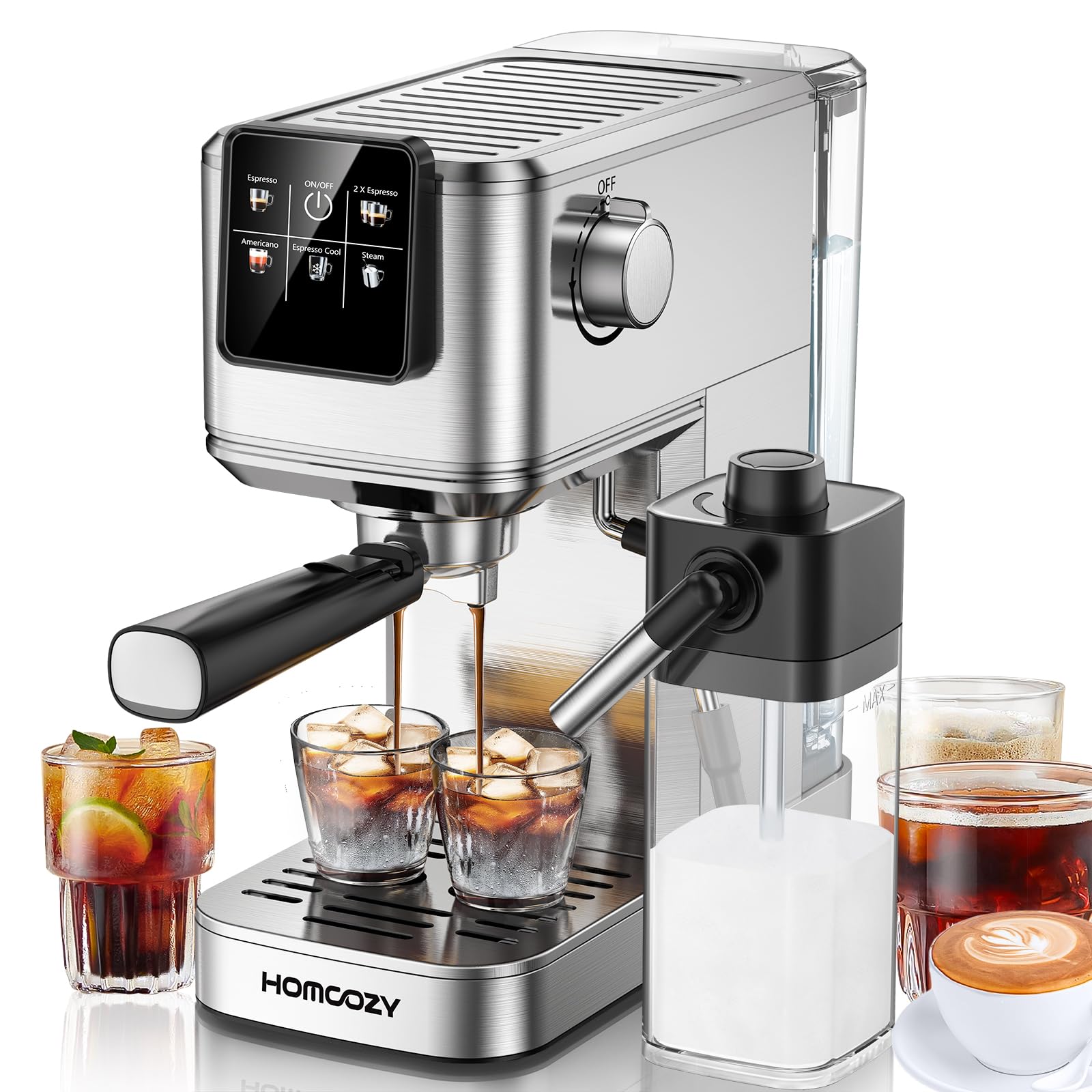 20 Bar Espresso Coffee Machine with Rapid Cold Brew Technology - Separate Milk Tank & Touch Screen Control - Perfect for Lattes, Cappuccinos & Americano - Ideal for Home, Office & Coffee Shops - Stainless Steel Commercial Grade Coffee Maker