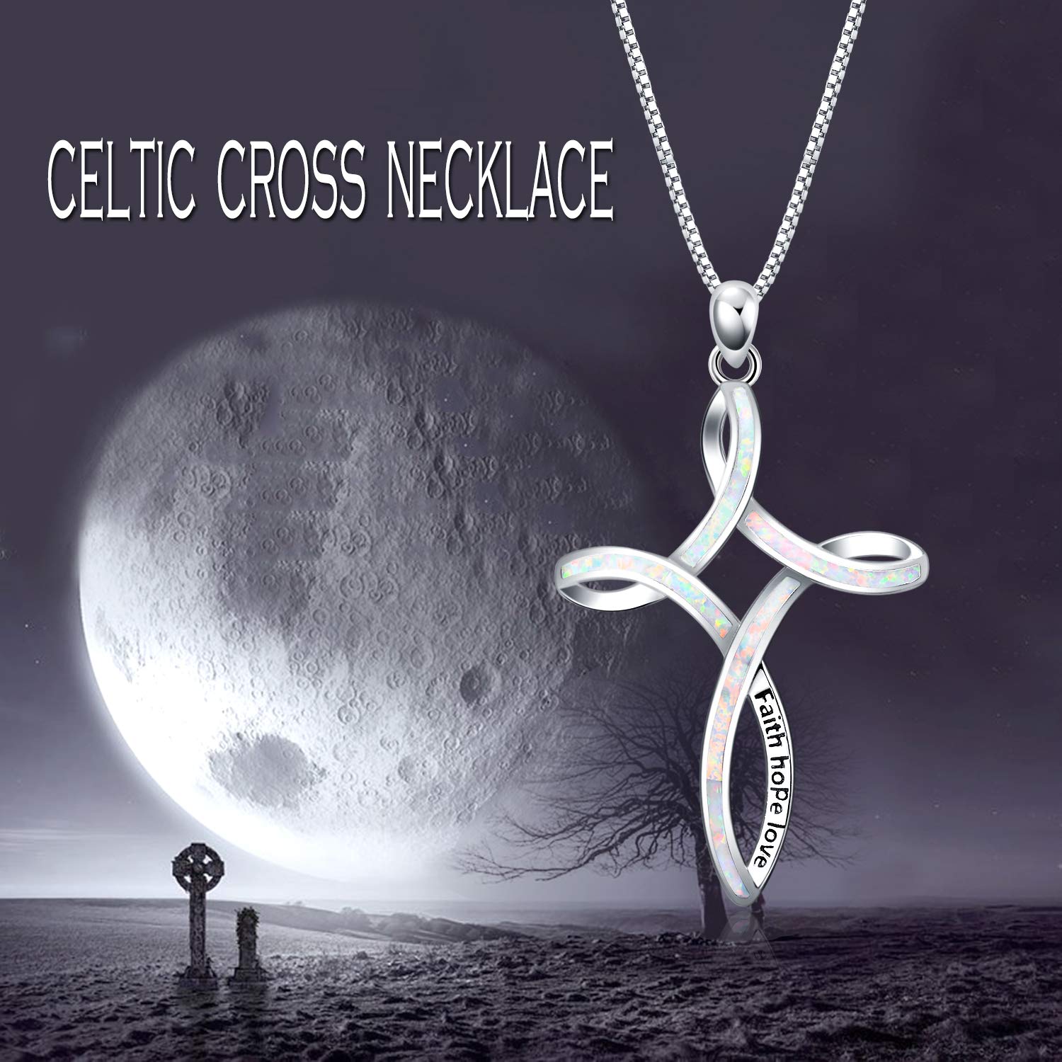 WINNICACA 925 Sterling Silver Opal Cross Necklace for Women - Celtic Knot Blue White Opal Pendant Jewelry, Christian Gift for Her, Wife, Mom, Daughter | Perfect for Birthday, Anniversary, Baptism & Church Occasions