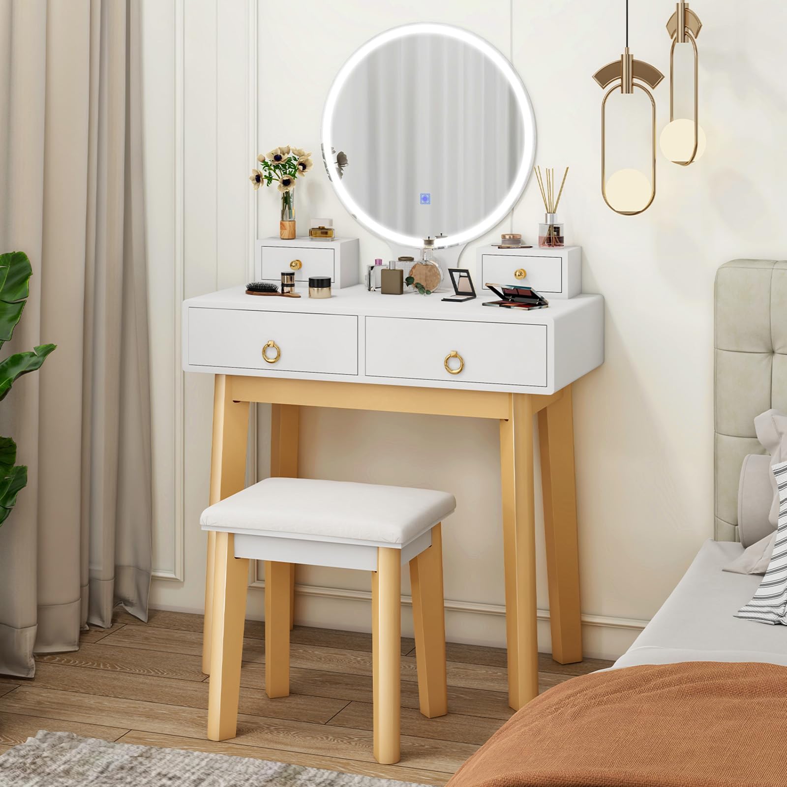 Charmaid White Vanity Desk with Mirror & LED Lights - Modern Makeup Dressing Table with 4 Drawers, Adjustable Brightness & 3 Lighting Modes, Includes Vanity Stool - Perfect for Girls' Small Bedroom, Home Makeup Studio & Beauty Corner