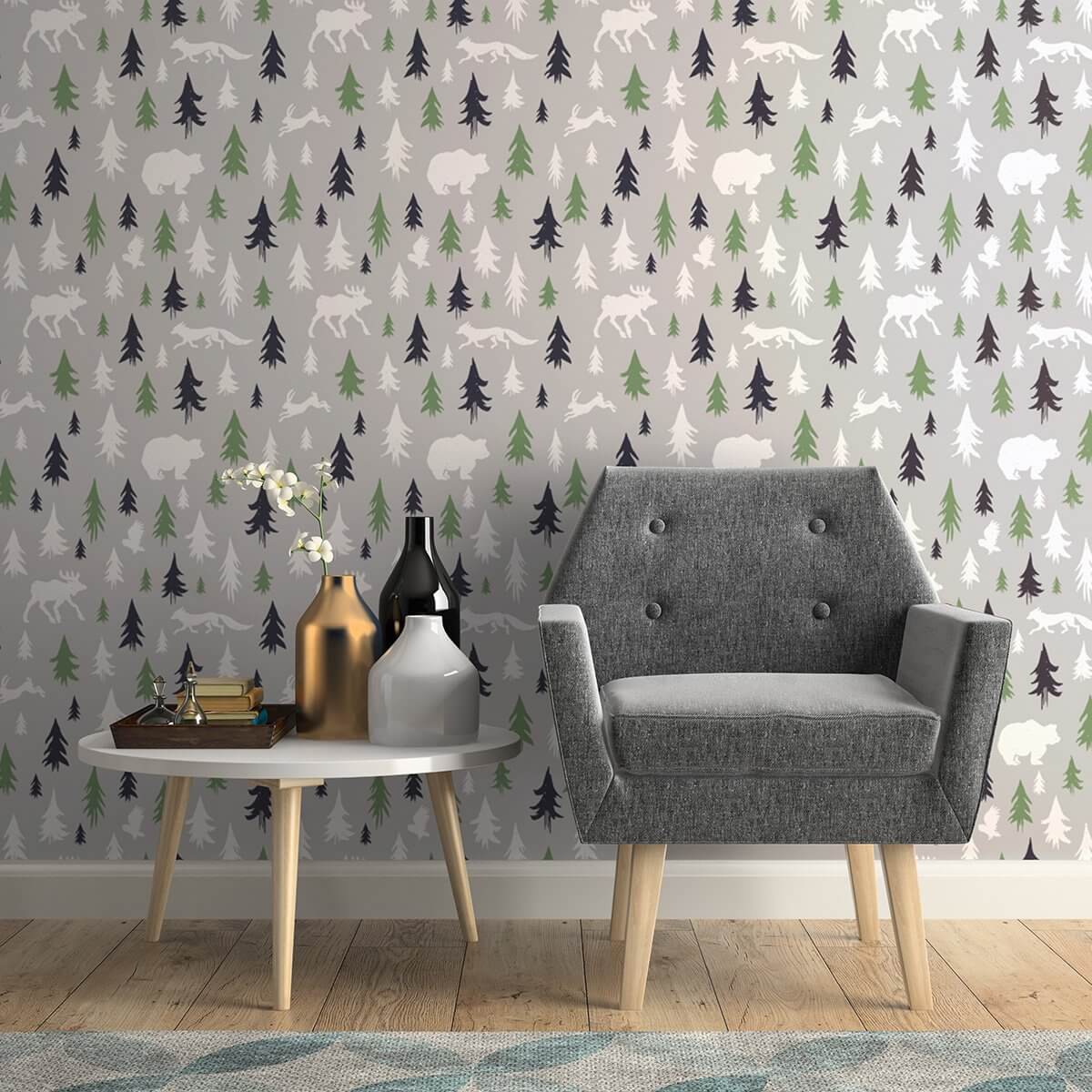 Green and Grey Forest Baby Peel and Stick Removable Wallpaper 3402 - Self-Adhesive Nursery Wall Decor for Boys and Girls - Perfect for Kids' Rooms, Playrooms, and Nursery Walls