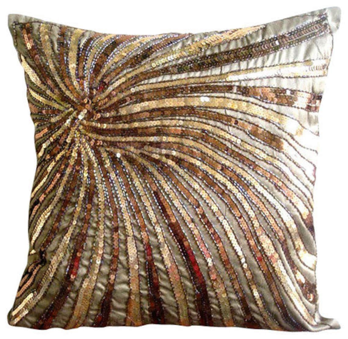 Premium Silk Euro Pillow Covers 26x26 Inch (65x65 cm) - Modern Abstract Brown Designer Cushion Covers for Sofa, Bed & Home Decor - Easter Gold Bloom Pattern - Luxury Living Room & Bedroom Accent Pillow Shams