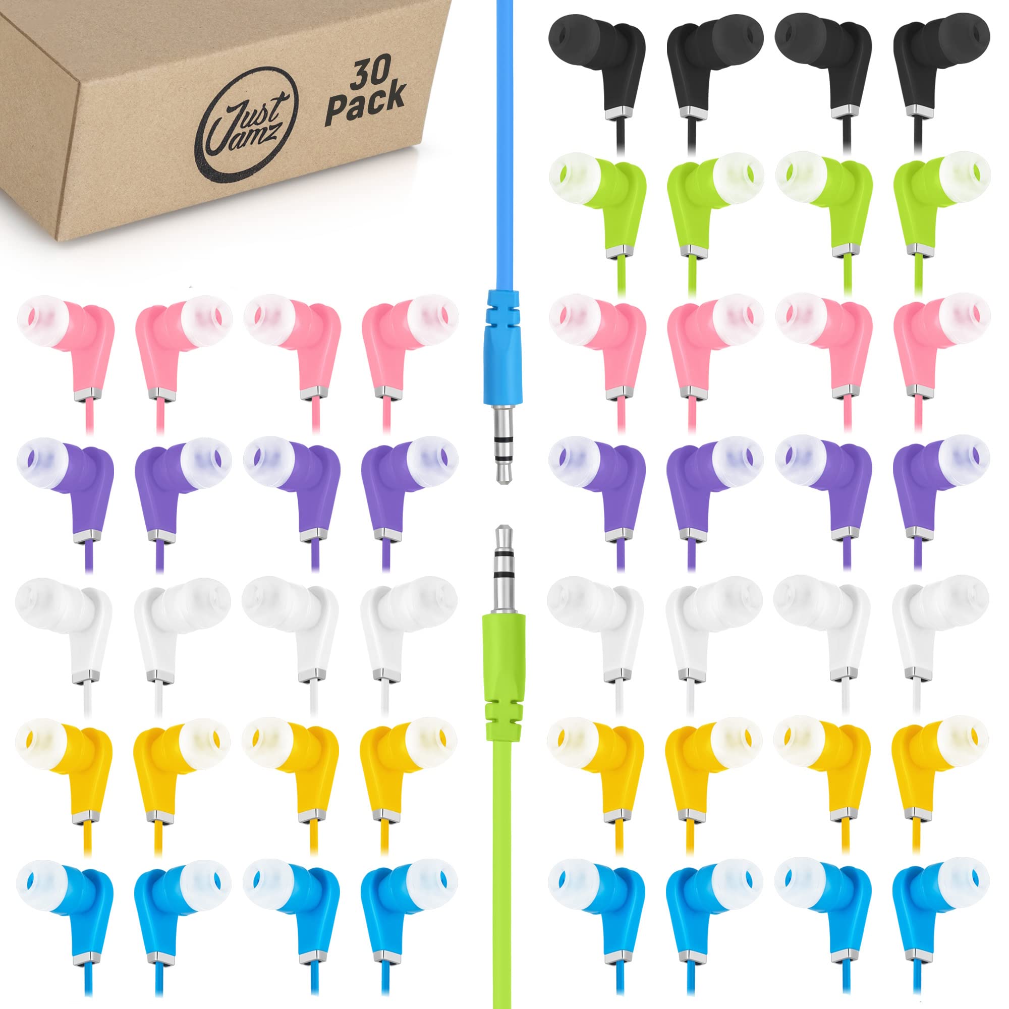30 Pack Multicolor 3.5mm Stereo Earbuds Bulk - for School, Classroom, Library Use