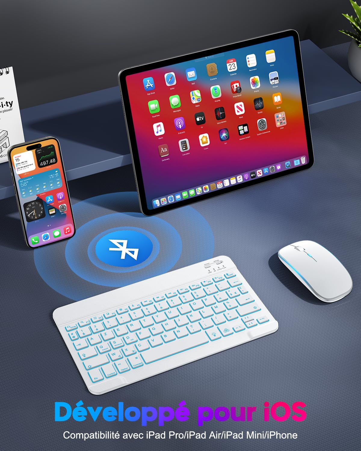 TECURS Wireless Bluetooth Keyboard and Mouse Combo for iPad iPhone - Silent Backlit Rechargeable Portable AZERTY iOS Keyboard with Ergonomic Design - Perfect for Home Office, Remote Work & Travel (White)