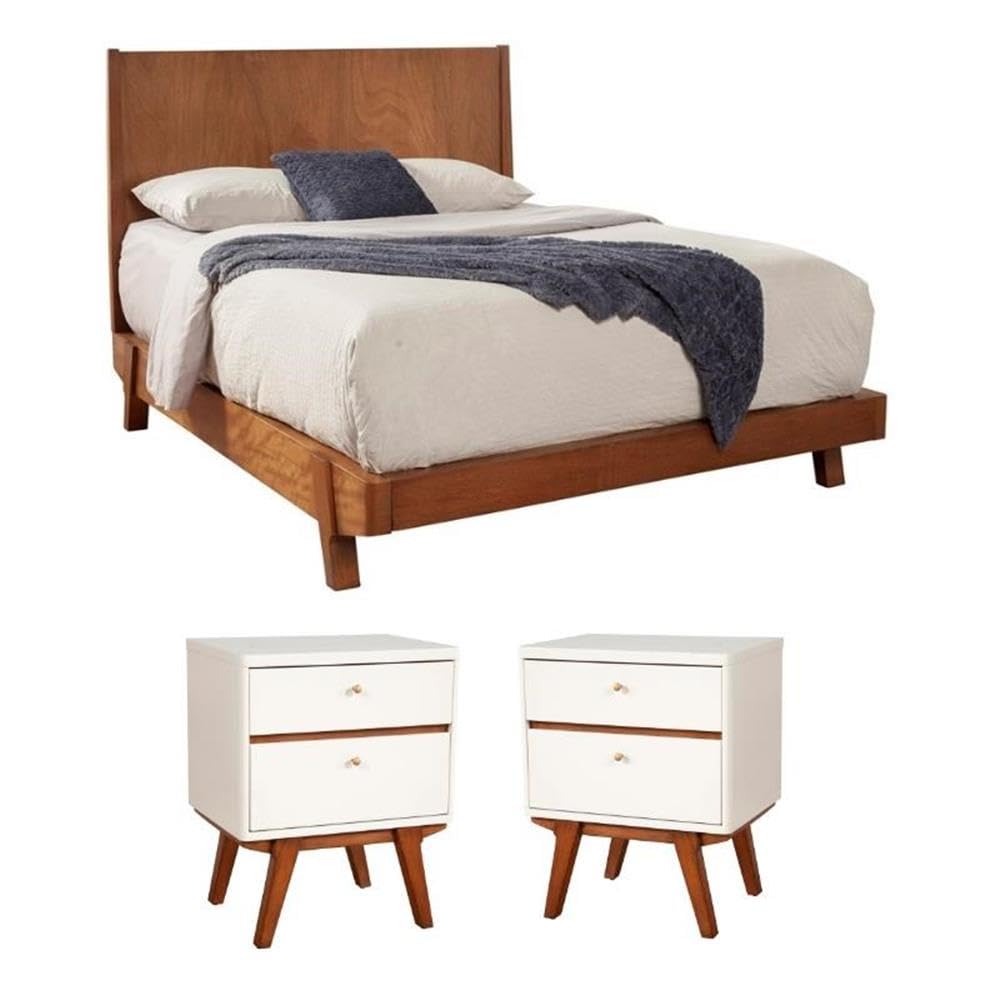 Home Square 3-Piece Bedroom Set with Wooden Platform Bed & 2 Nightstands - Modern Bedroom Furniture for Small Spaces & Guest Rooms