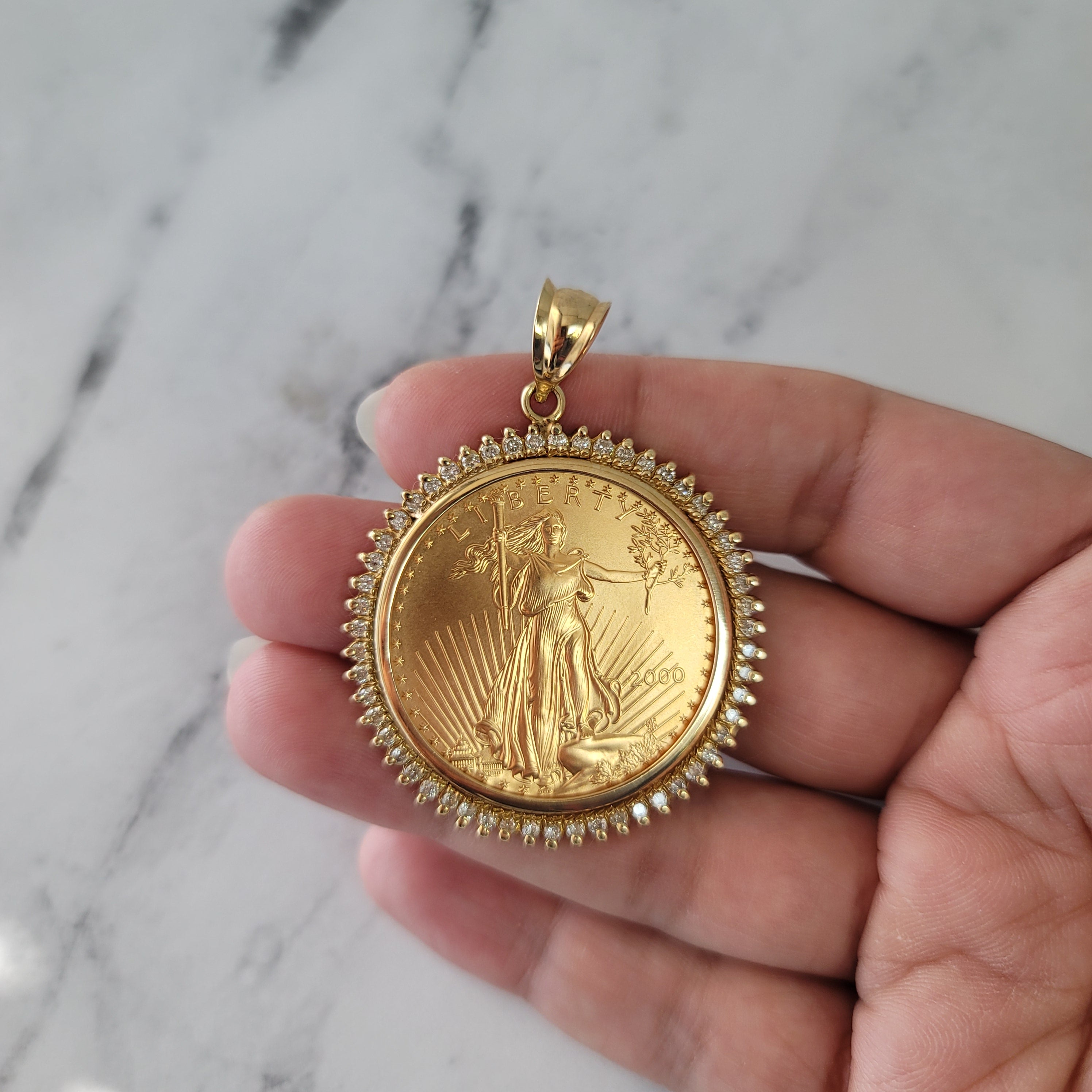 1OZ Fine Gold Lady Liberty Medallion Necklace with 1.10cttw Diamond Halo - Elegant Jewelry for Women, Luxury Gift for Anniversary, Birthday & Special Occasions