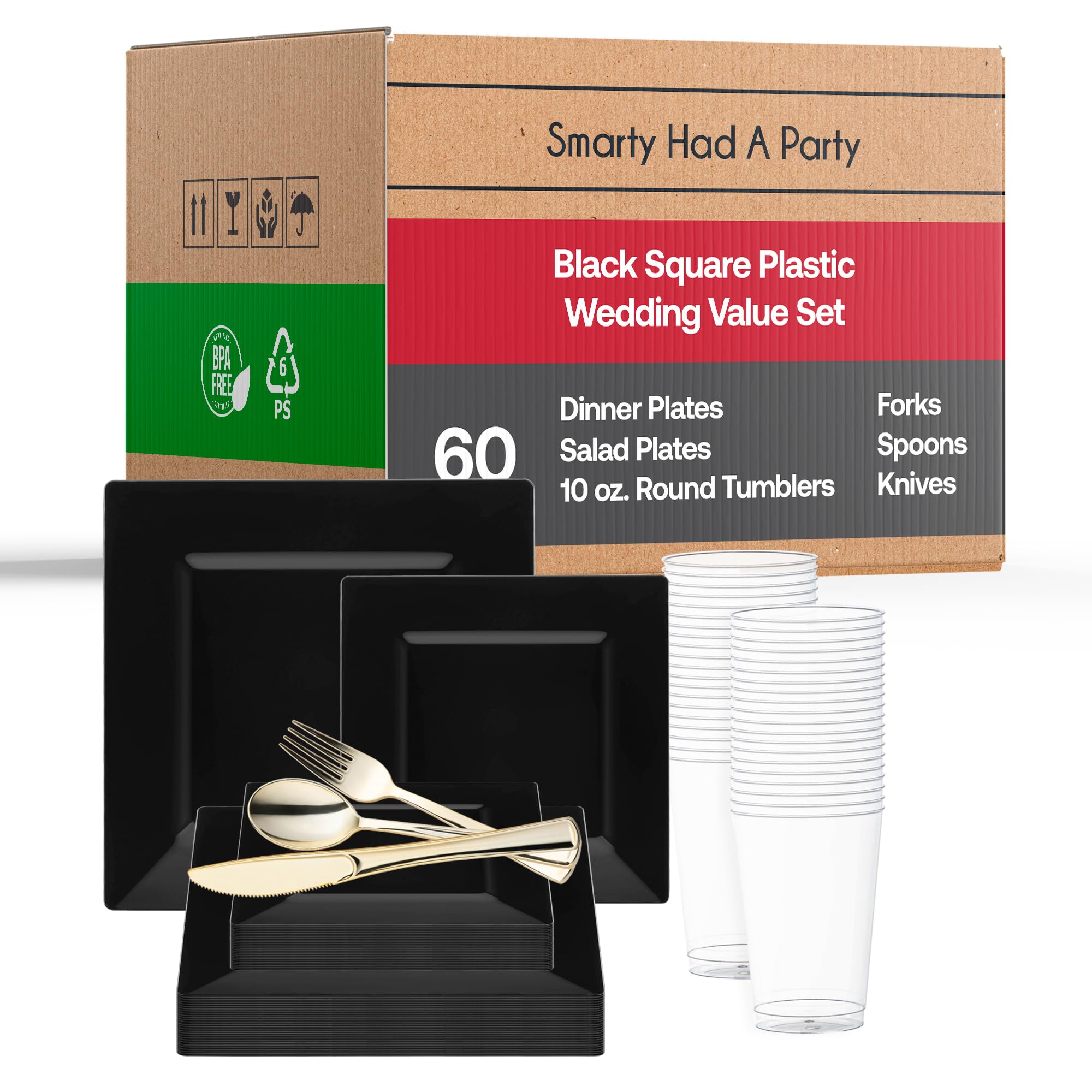 60-Piece Disposable Plastic Dinnerware Set - Square Black Plates, Dessert Plates, Silverware & Cups for Parties, Weddings & Events | Elegant & Convenient Tableware for Any Occasion