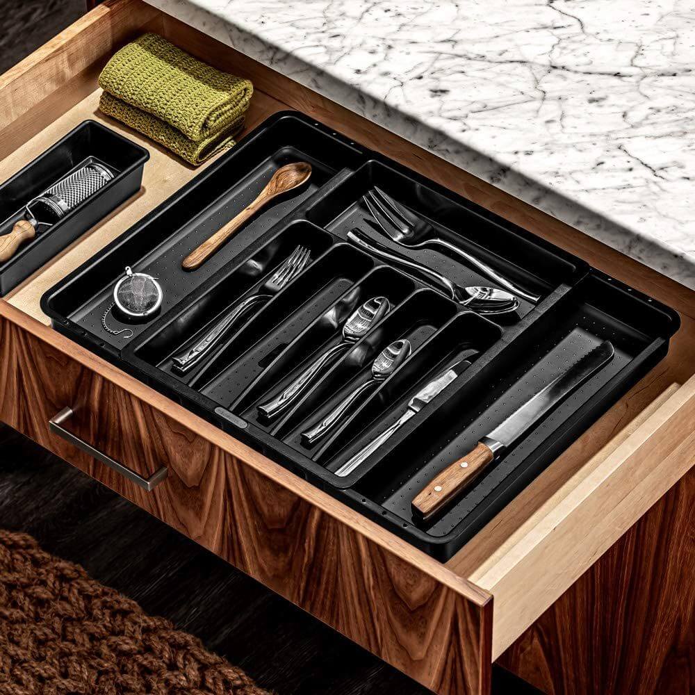 Expandable 8-Compartment Cutlery Tray with Grip Base - Carbon Gray - Perfect for Kitchen Utensil Organization in Drawers & Cabinets