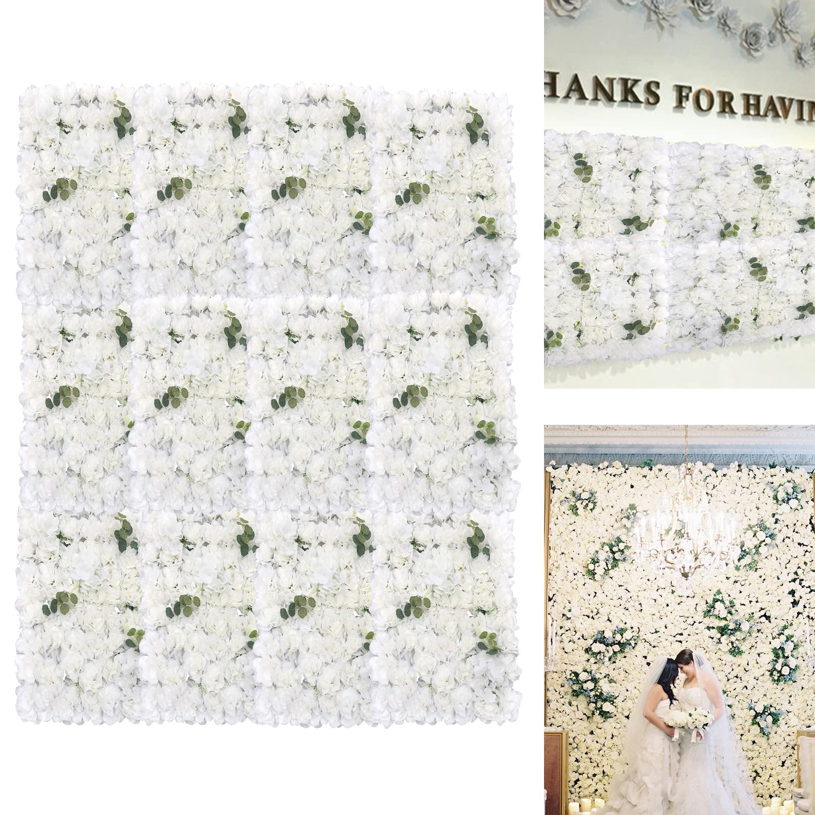 12pcs Artificial Silk Flower Wall Panel - White Rose Floral Backdrop for Wedding, Bridal Shower, Baby Shower, Party Decor, Salon & Home Decoration (23.62