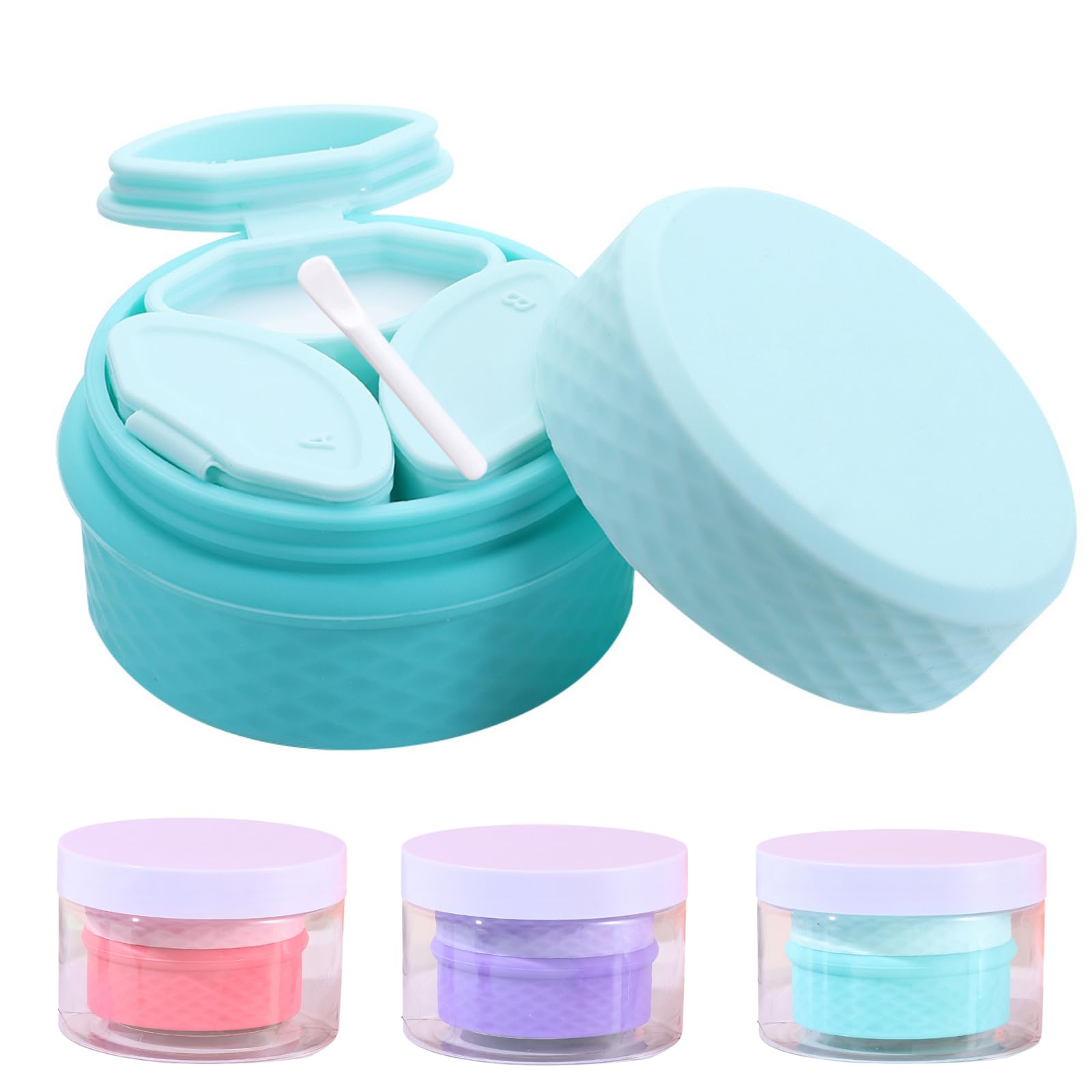 Refillable Travel Makeup Containers with Spoon - Portable Empty Jars for Toiletries, Shampoo, Lotion, Pills & Trinkets (Blue with Protective Box) - Perfect for Air Travel, Gym Bag & Home Organization