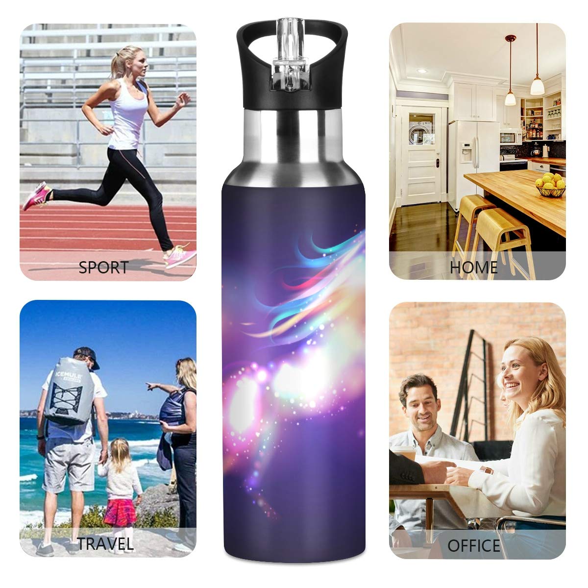 Qilmy 20 oz Stainless Steel Vacuum Insulated Water Bottle with Straw Lid - Leakproof Thermo Flask for Gym, Hiking & School - Unicorn Design Sport Bottle for Kids & Adults
