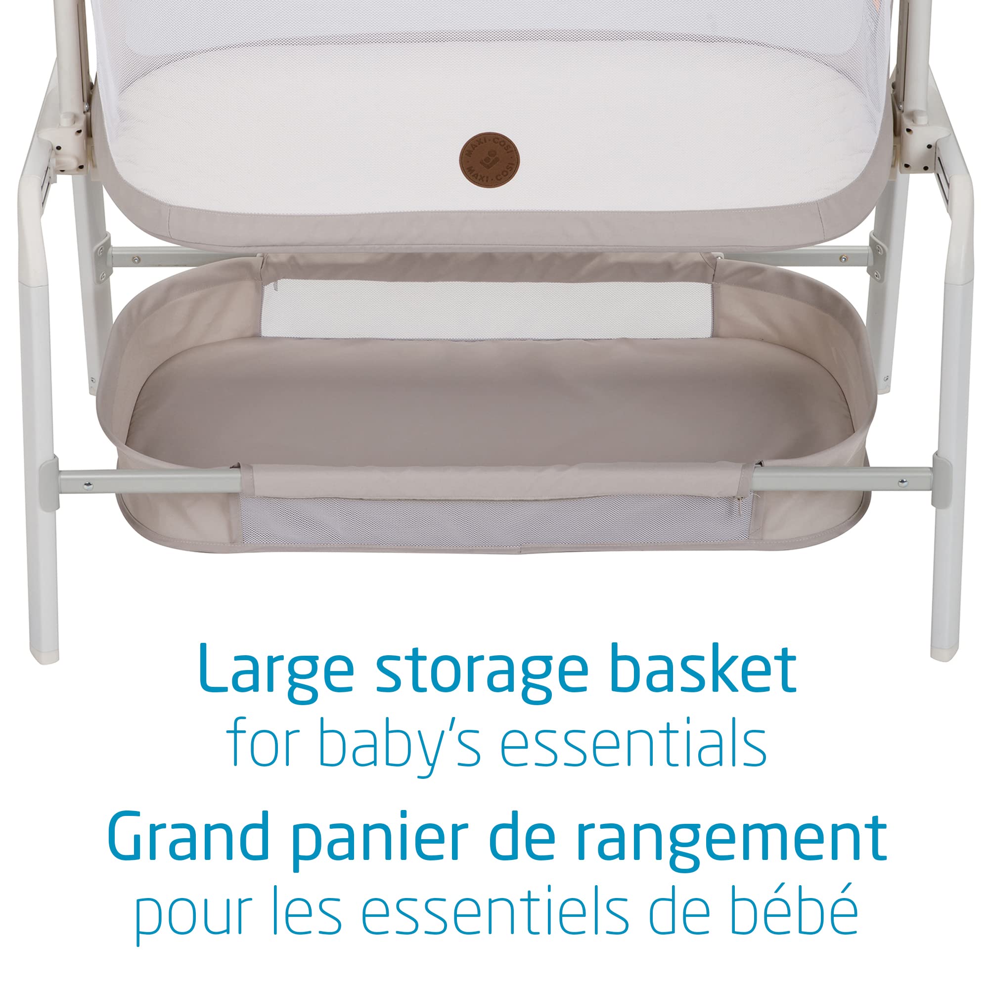 Maxi-Cosi Iora Bedside Bassinet - Portable Infant Crib with 4 Adjustable Heights, Foldable Design & Large Storage Basket - Includes Travel Bag (Horizon Sand) - Perfect for Nursery, Bedside Sleeping & Travel