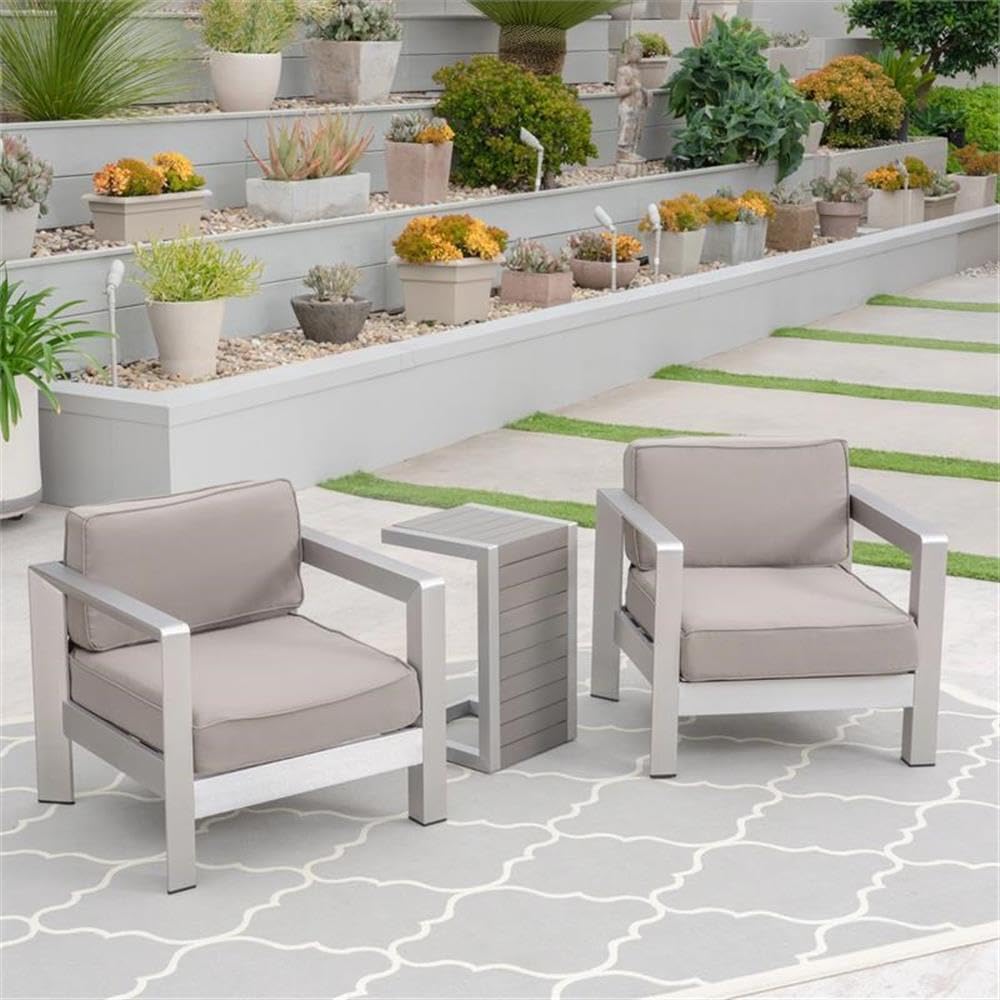 Noble House Aviara Outdoor Aluminum Club Chairs with Side Table in Silver - Patio, Poolside & Garden Lounge Furniture for Relaxing