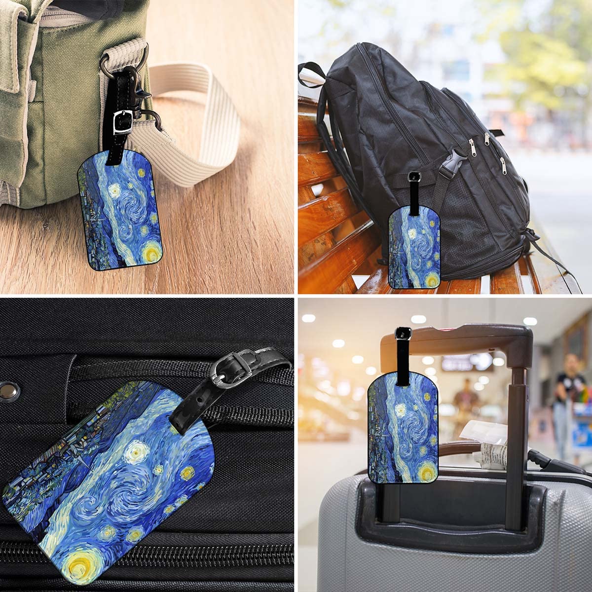 Vincent Van Gogh Starry Night PU Leather Luggage Tag - ID Label for Suitcases, Backpacks, School Bags & Handbags (1 Pack) - Perfect for Travel, Commuting & Gift Giving