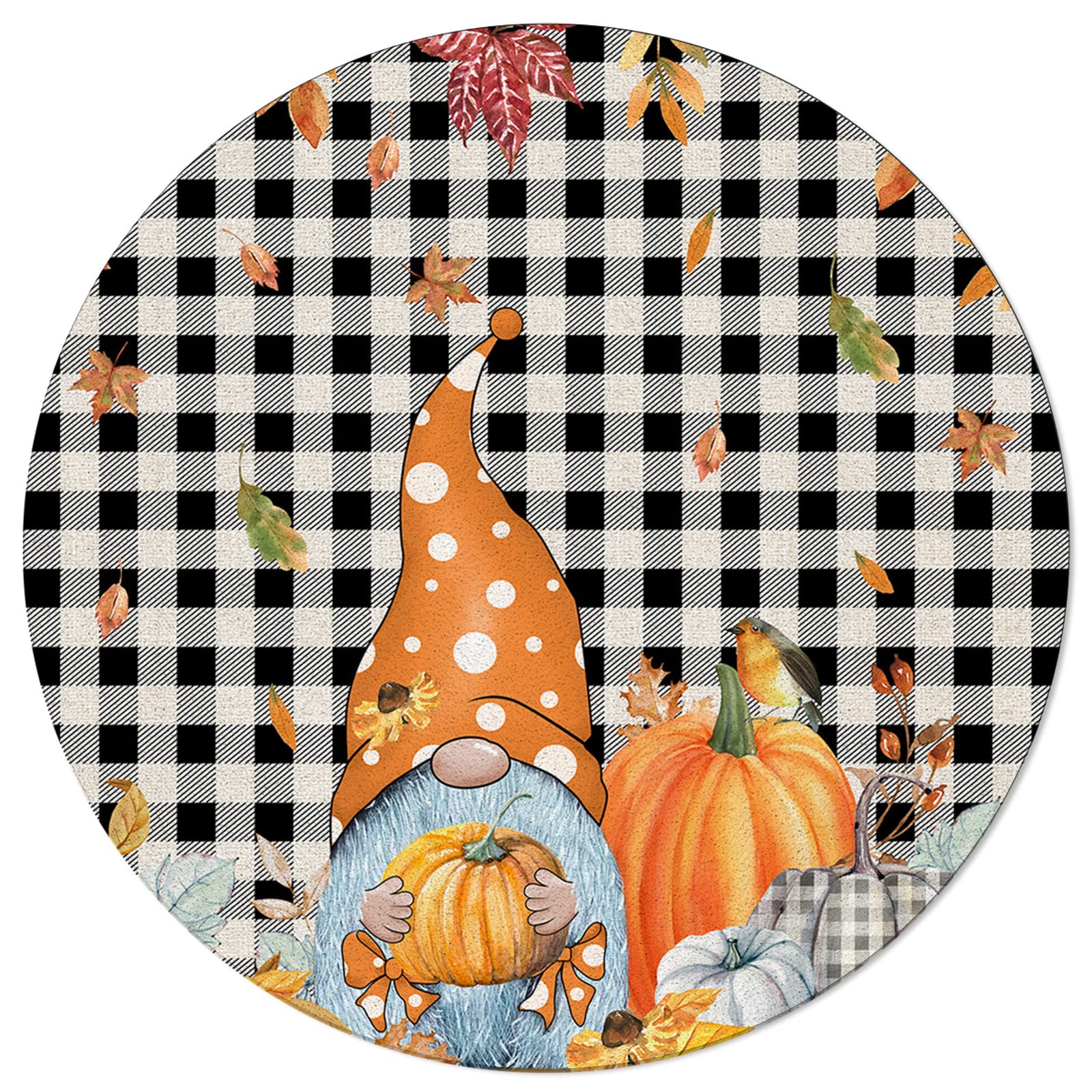 6ft Thanksgiving Round Washable Area Rug - Indoor Carpet for Bedroom, Kitchen, Bathroom, Living Room, Dining Room, Laundry Room & Office - Large Door Mat with Gnomes, Pumpkins, Leaves & Plaid Design - Perfect for Fall Decor, Home Warming Gifts & Holiday Gatherings