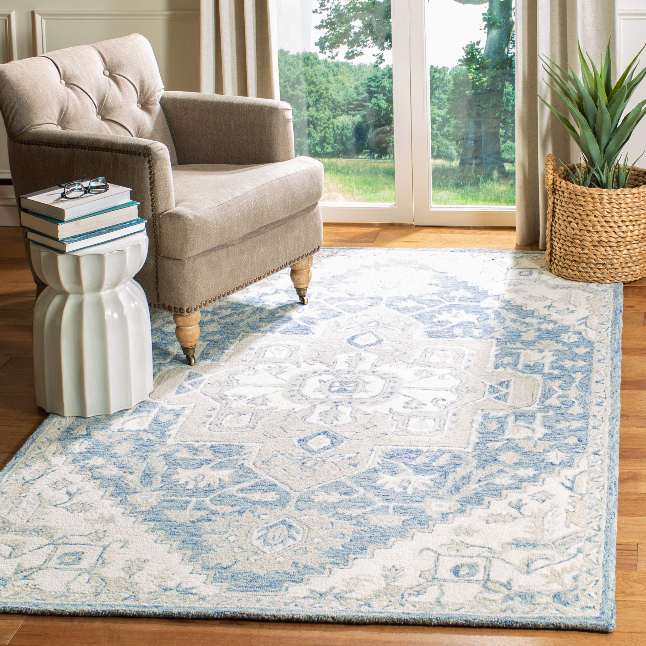 SAFAVIEH Micro-Loop Collection 7' Square Blue Ivory MLP503M Handmade Premium Wool Area Rug - Shabby Chic Medallion Design for Living Room, Dining Room & Bedroom | Soft & Durable Floor Covering for Home Decor