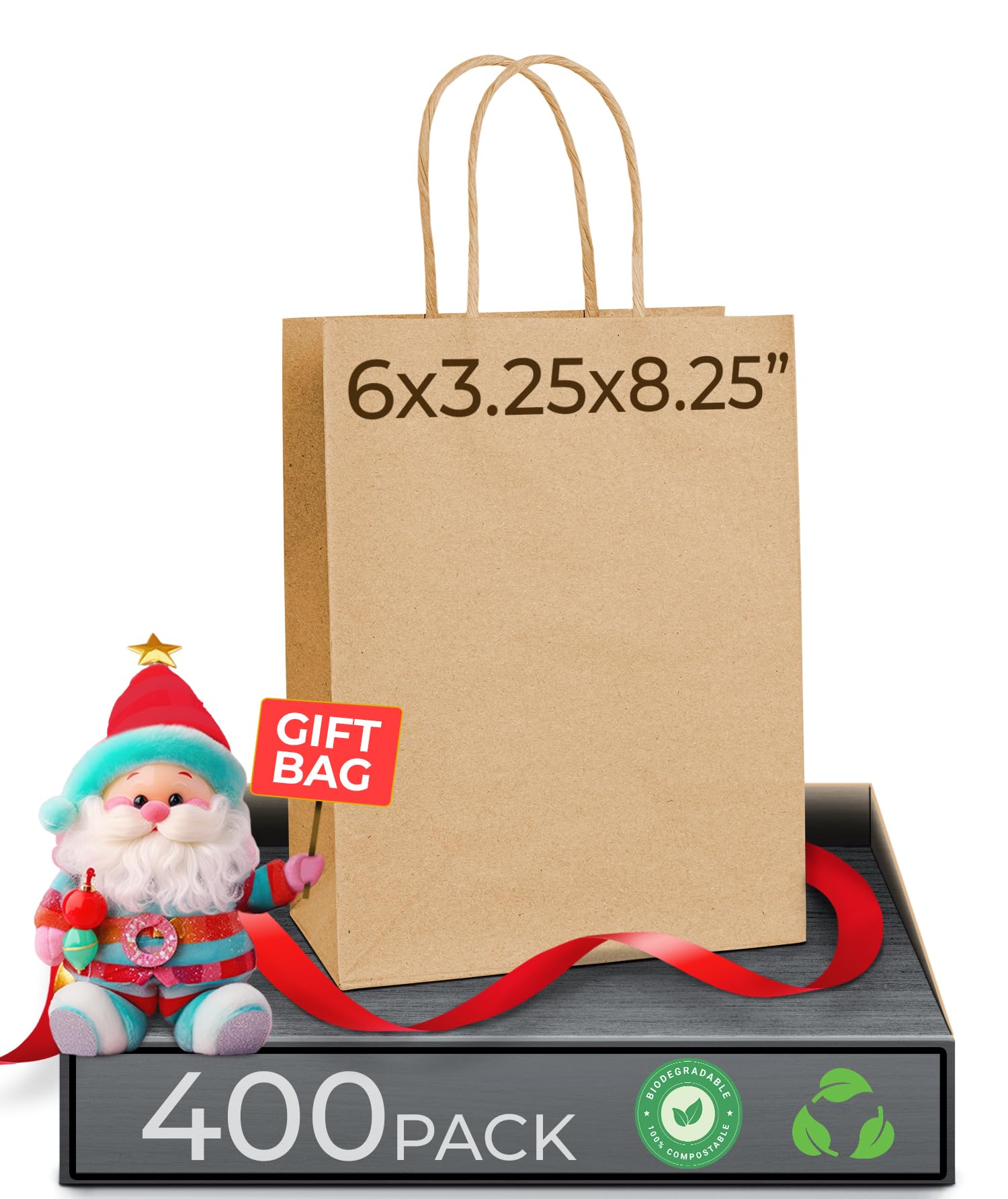 Rosmonde 400 Pack Brown Kraft Bags with Handles - Biodegradable & Heavy Duty for Retail & Gifts