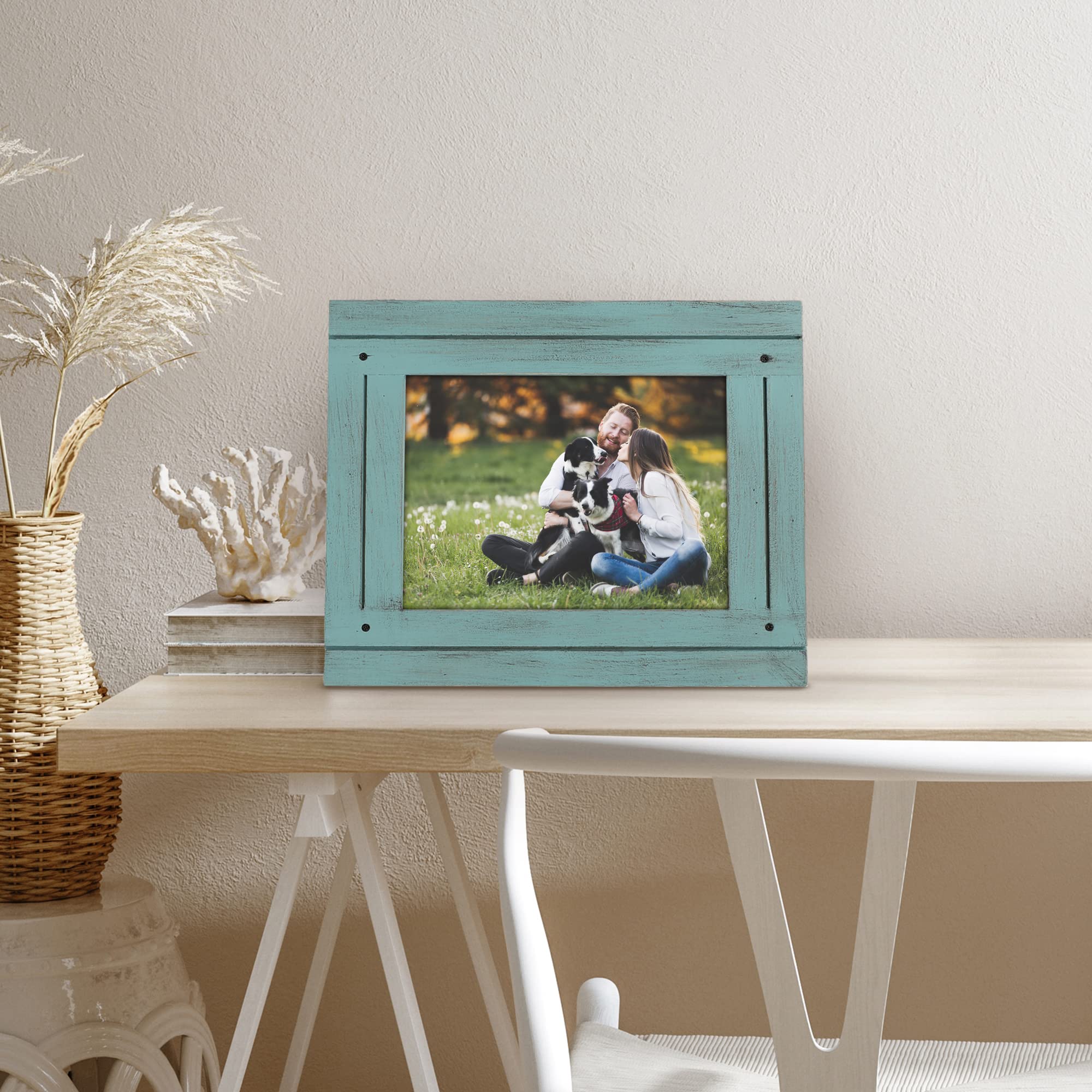 Americanflat 6x8 Turquoise Frame - Distressed Wood & Clear Glass for Wall/Tabletop Display
