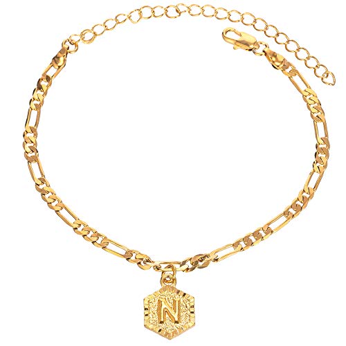 18K Gold & Silver Figaro Cuban Link Ankle Bracelet for Women & Men - Custom Initial Name Anklet Jewelry for Teen Girls - Perfect for Beach, Party & Everyday Wear