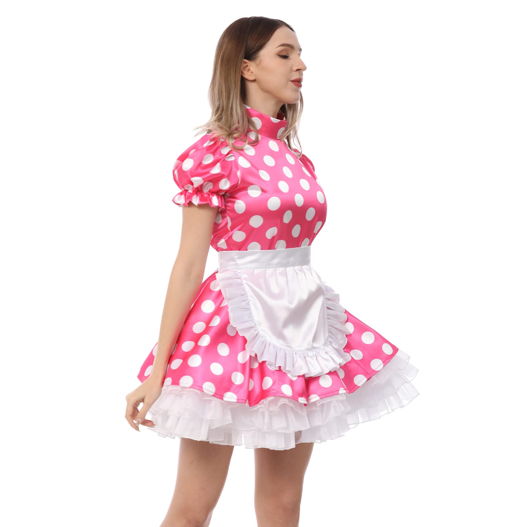 JOLINE Sissy Women's Vintage Maid Dress - Pink with White Polka Dots, Satin Puff Sleeve Costume for Cosplay, Role Play & Halloween Parties