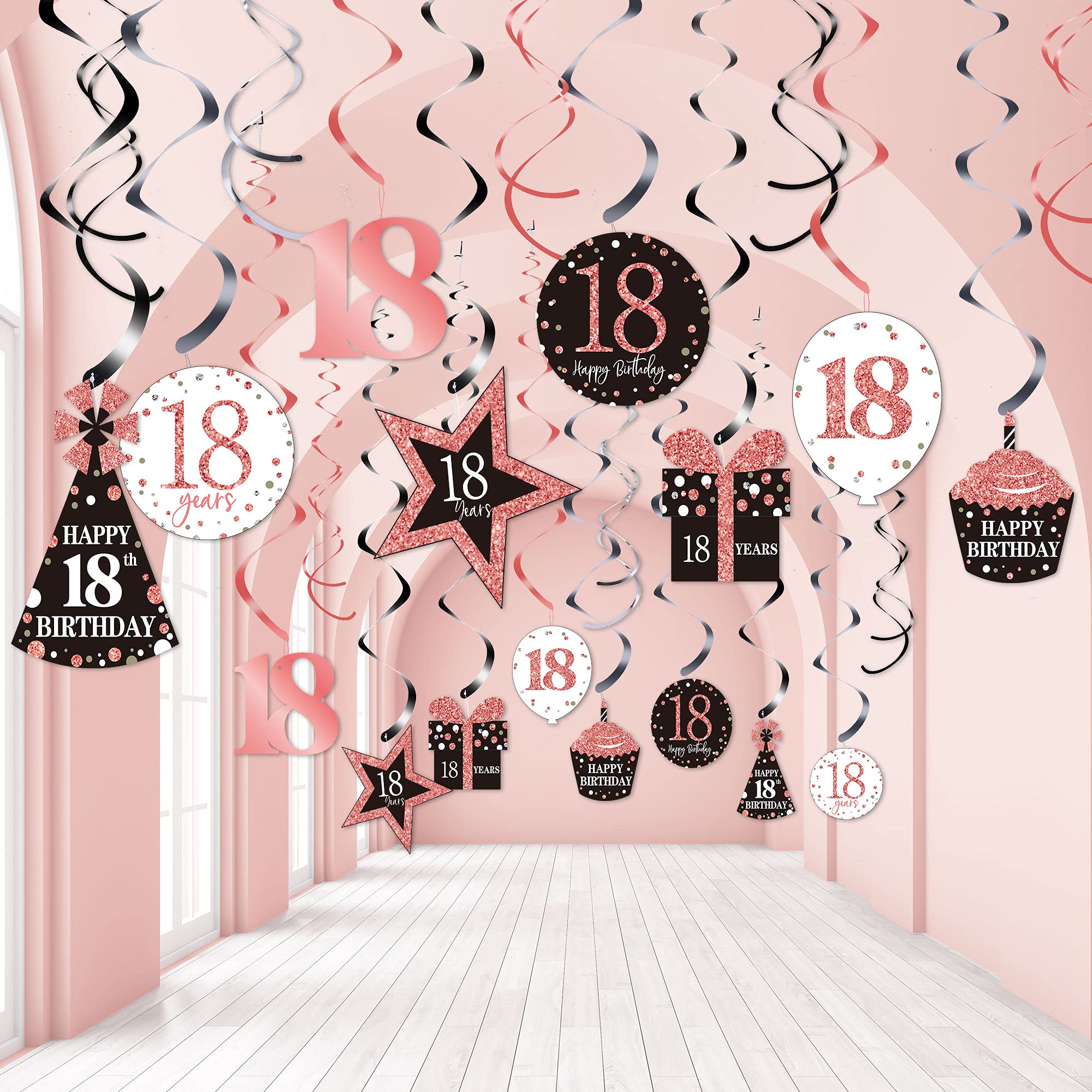 Blulu 18th Birthday Party Decorations - 30 Count Rose Gold Hanging Swirls, Shiny Foil Ceiling Decor for Sweet 16, Quinceañera & Milestone Celebrations - Perfect for Photo Backdrops, Venue Decor & Instagrammable Party Themes