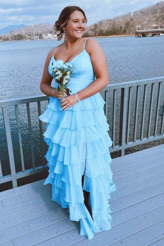 Elegant Light Blue Straps Ruffle A-Line Long Prom Dress with High Slit J5854 - Perfect for Homecoming, Prom Night, and Formal Evening Events