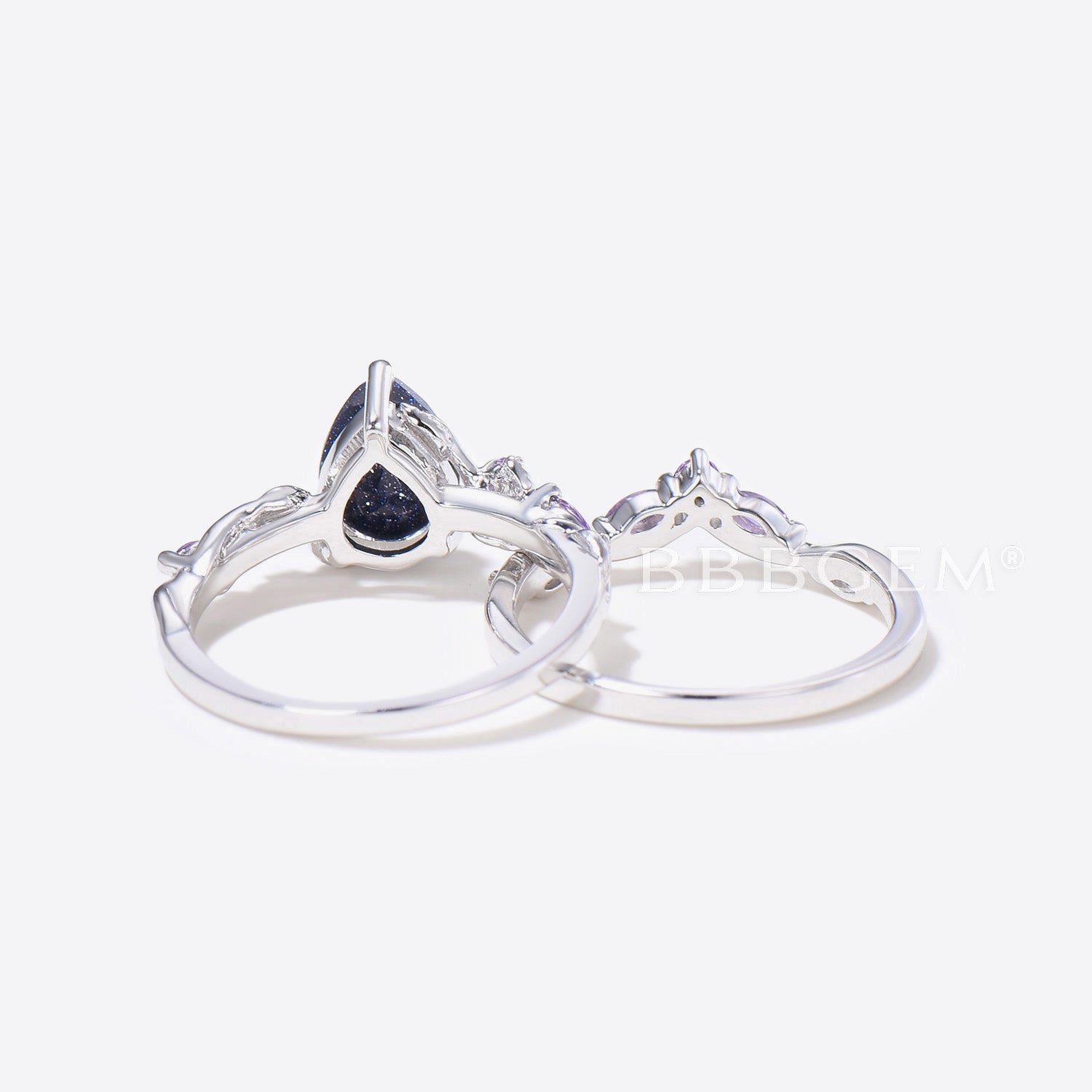 Twig Leaf Pear Blue Sandstone & Amethyst Ring Set - Elegant Cluster Gemstone Jewelry for Women - Perfect for Weddings, Parties & Everyday Wear