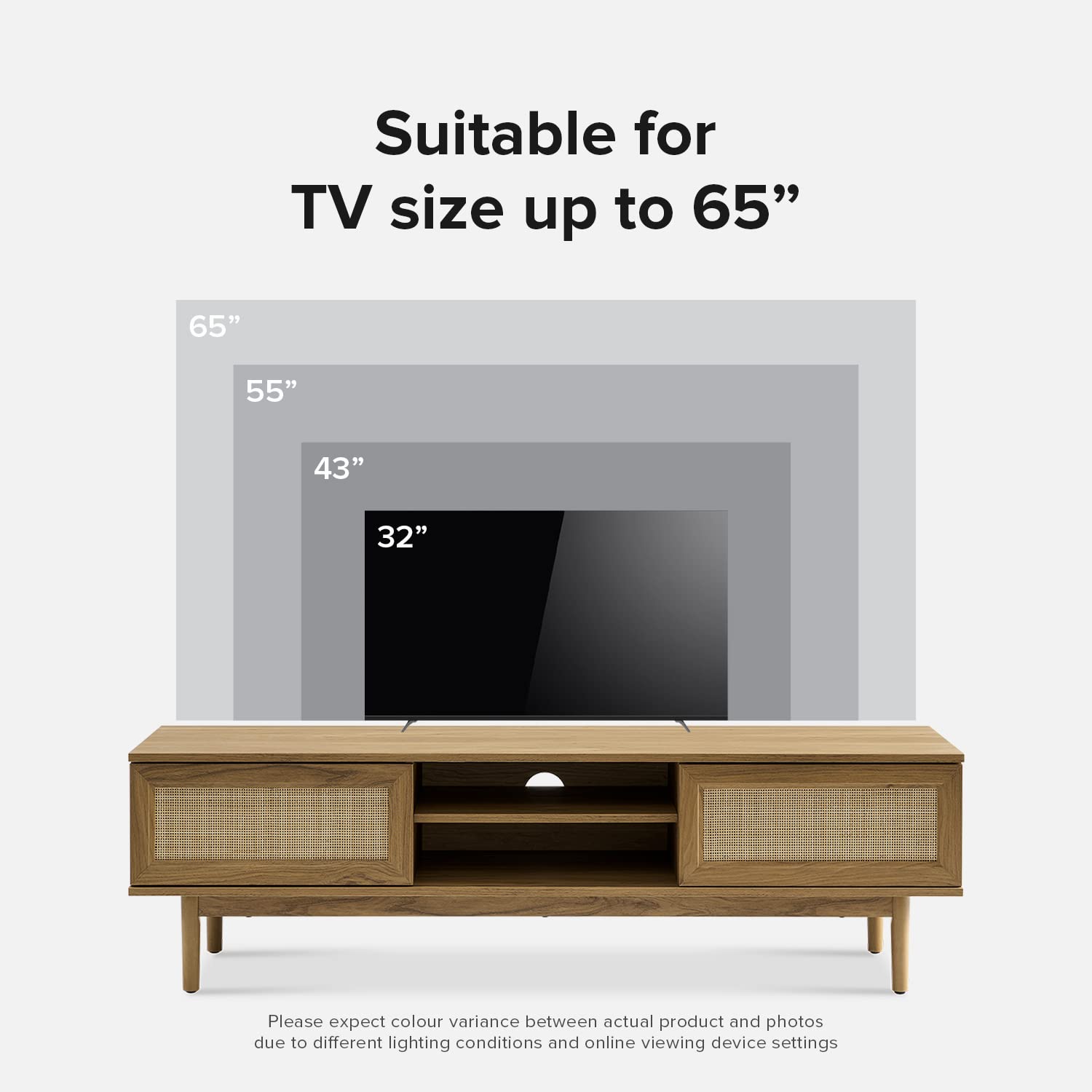 Haylee TV Stand for 55/60/65 Inch TVs - Modern Farmhouse Entertainment Center with Rattan Storage - Oak Media Console Credenza for Living Room & Bedroom - Perfect for Boho, Coastal & Rustic Home Decor