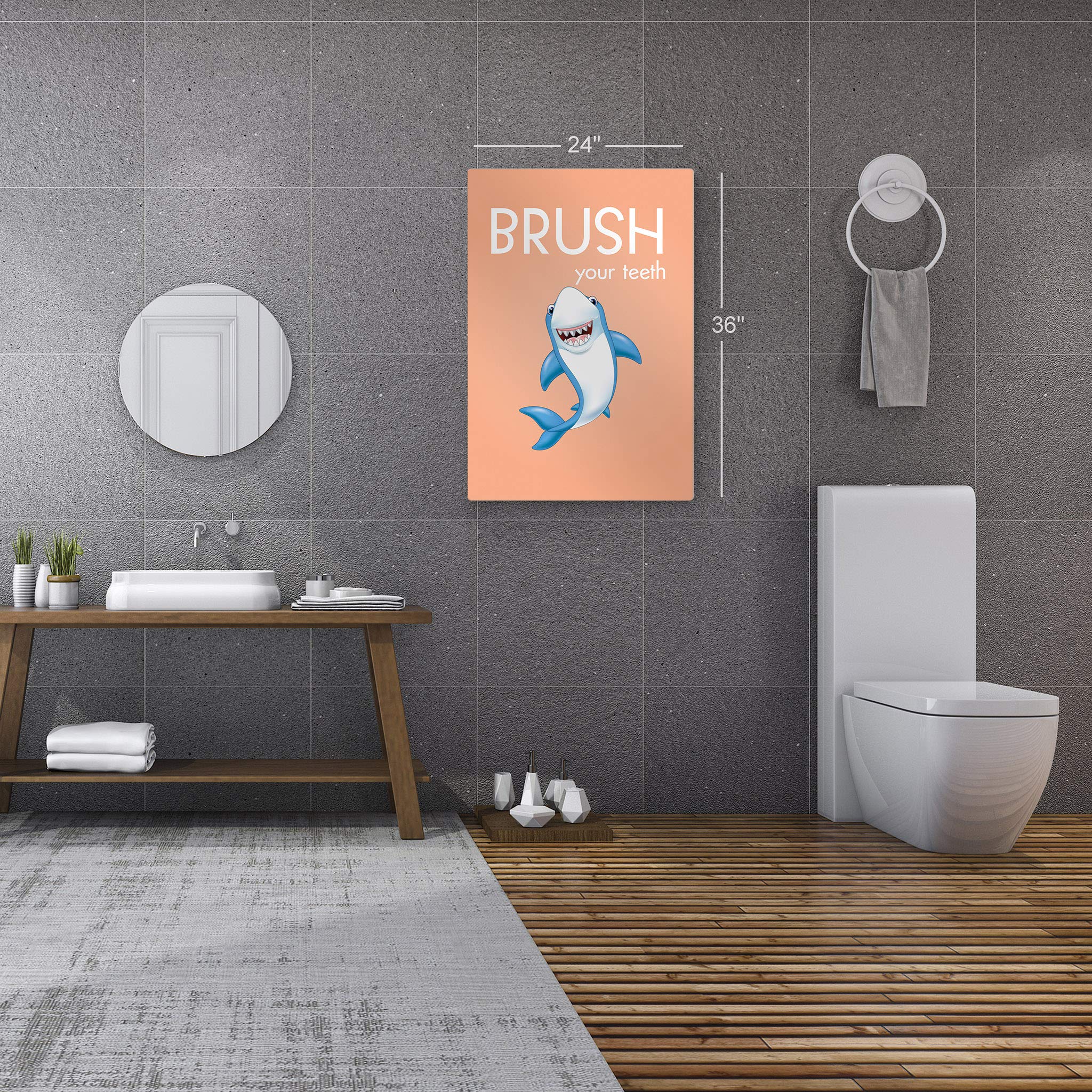 Funny Kids Bathroom Wall Art - Smile Art Design Brush Your Teeth Quote Metal Print, Shark Nursery Decor, Ready to Hang Bathroom Sign (40x30 Inches) - Perfect for Children's Bathroom, Nursery, or Playroom Decor | Made in USA