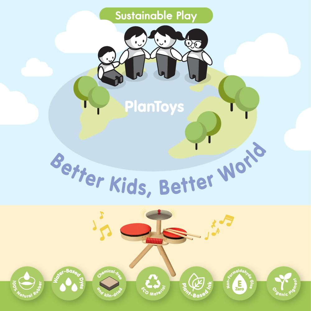 PlanToys Musical Band Set - Wooden Percussion Instruments for Kids, Toddler Musical Toys with Drum, Xylophone & More - Perfect for Early Learning, Music Play & Sensory Development