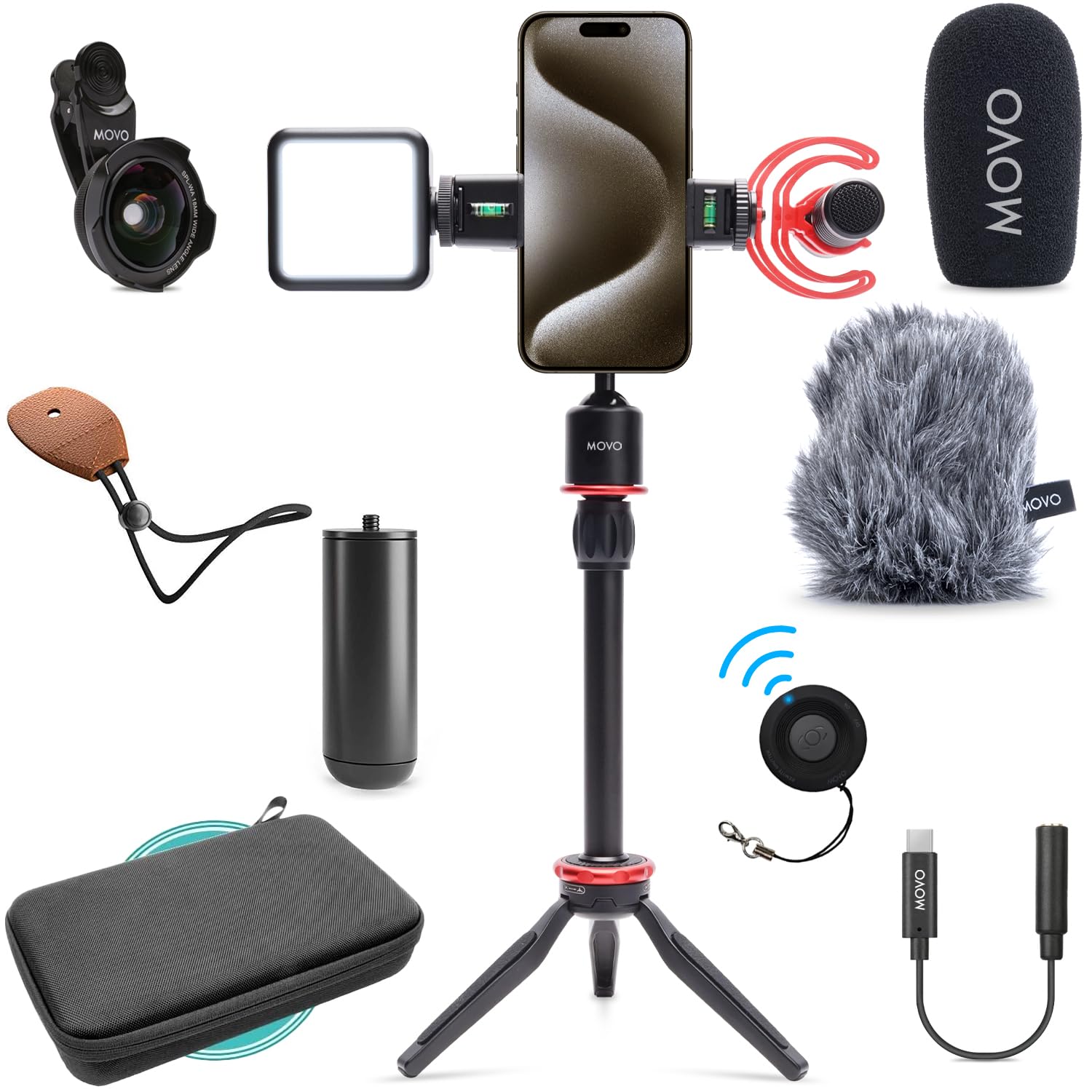 Movo iVlog1-IP Vlogging Kit for iPhone 15/16 Pro Max & Newer Models - USB-C Compatible YouTube Starter Kit with Shotgun Mic, Mini Tripod, LED Light, Wide Angle Lens & Adapter - Perfect for Travel Vlogging, Live Streaming & Content Creation