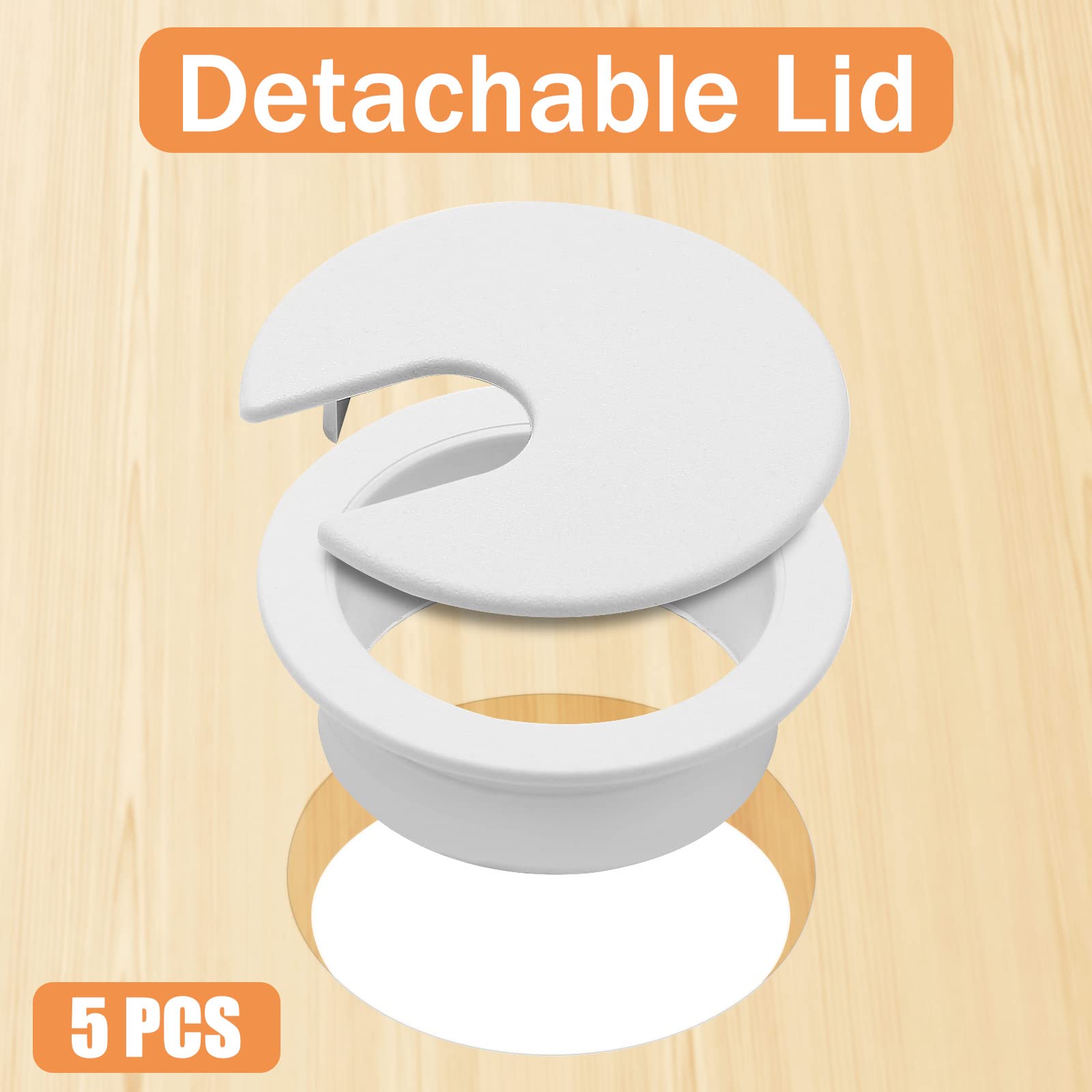 5-Pack White Desk Grommets (1 3⁄8 Inch/44mm) - Cable Hole Covers for Office PC & Computer Desk Wire Management - Perfect for Home Office, Gaming Setup & Workspace Organization