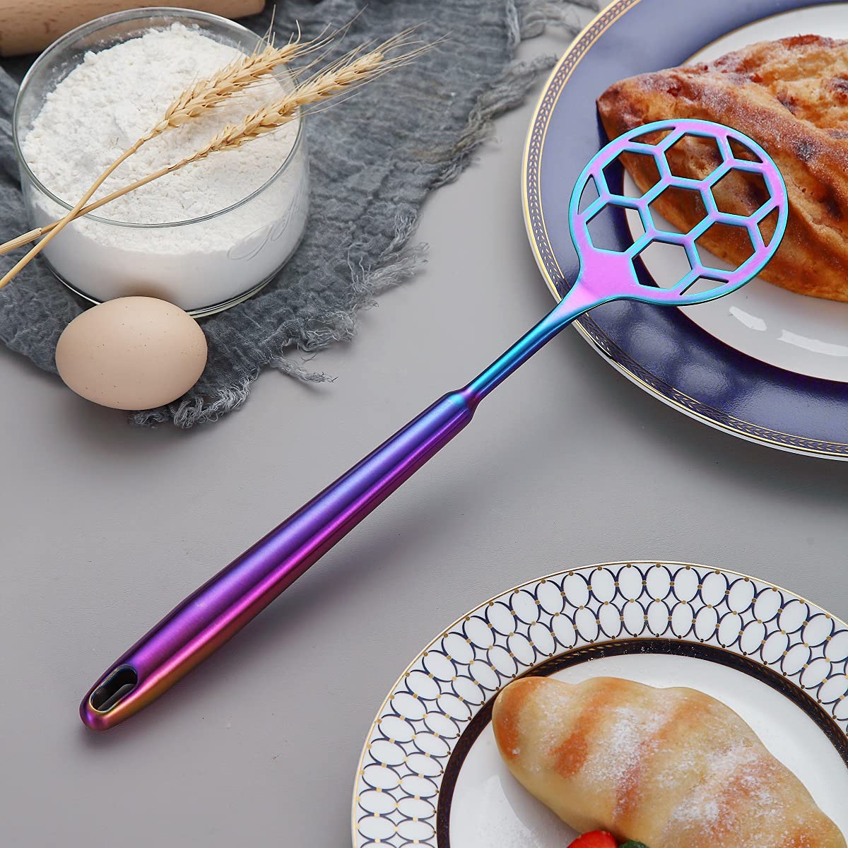 Rainbow Dough Whisk - Stainless Steel Football-Shaped Flat Whisk for Baking & Cooking, Colorful Titanium Plating, Ergonomic Non-Slip Handle, Dishwasher Safe - Perfect for Mixing Cookie Dough, Bread, Pancake Batter & More