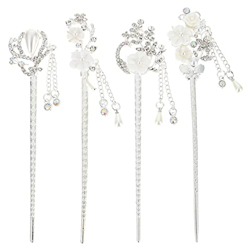 Lurrose Rhinestone Pearl Flower Hair Stick - Vintage Tassel Hair Pins for Women (4Pcs) | Elegant Hair Styling Accessories for Weddings, Parties & Special Occasions