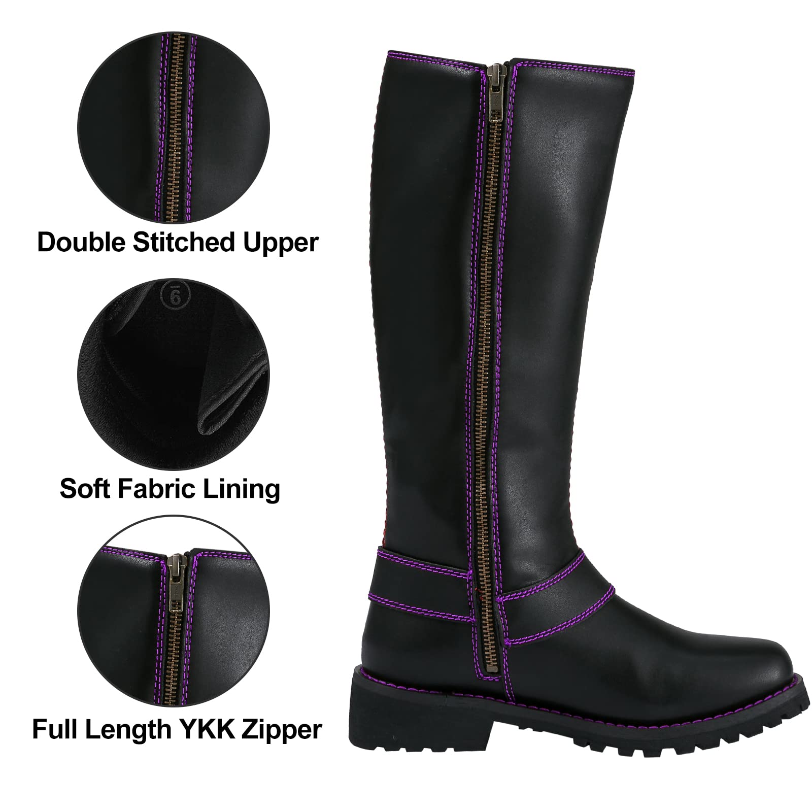 Dream Apparel Women's Motorcycle Riding Boots - Square Toe Biker Boots, Knee High Lace Up Boots with Side Zipper, Black PU Leather Boots for Women - Perfect for Motorcycle Riding, Biker Fashion & Outdoor Adventures