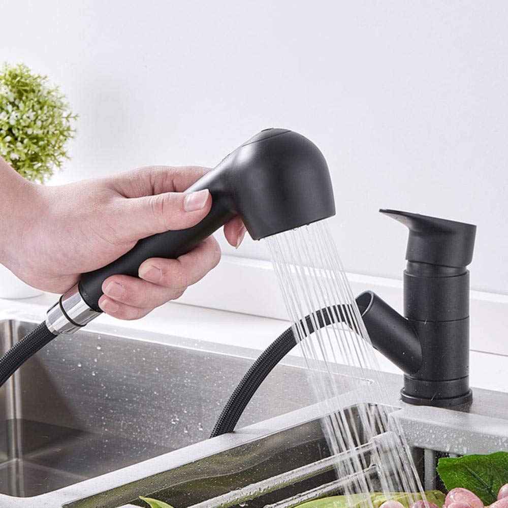 Brass Pull-Out Kitchen Faucet with 2 Spray Modes - Hot & Cold Water, Low Profile Retractable Design for Inward Opening Windows - Matte Black Finish | Perfect for Modern Kitchens & Small Spaces