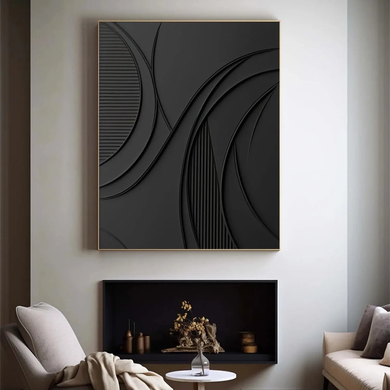 Black Minimalist Textured Painting Canvas Wall Art - Modern Abstract Home Decor for Living Room, Bedroom & Office - Premium Quality Stretched Canvas #MZ126