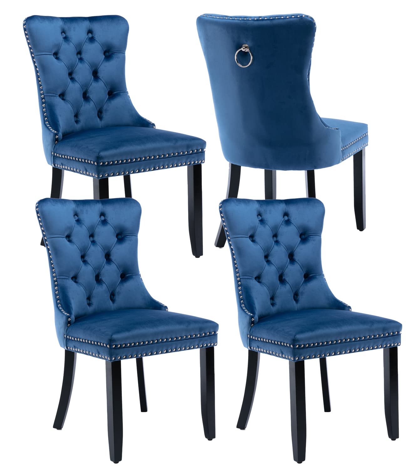 Luxury Velvet Dining Chairs Set of 4 - Upholstered Tufted Wingback Kitchen Chairs with Solid Wood Legs & Gold Ring Pull Trim - Elegant Blue Accent Chairs for Dining Room, Living Room, Kitchen | Perfect for Formal Dinners, Family Gatherings & Home Decor