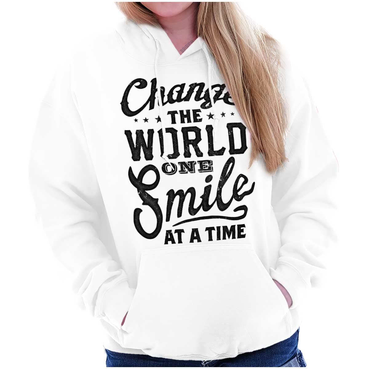 Brisco Brands Inspirational Hoodie Sweatshirt for Women - Change the World One Smile at a Time - Cozy Pullover for Casual Wear, Gym & Outdoor Activities