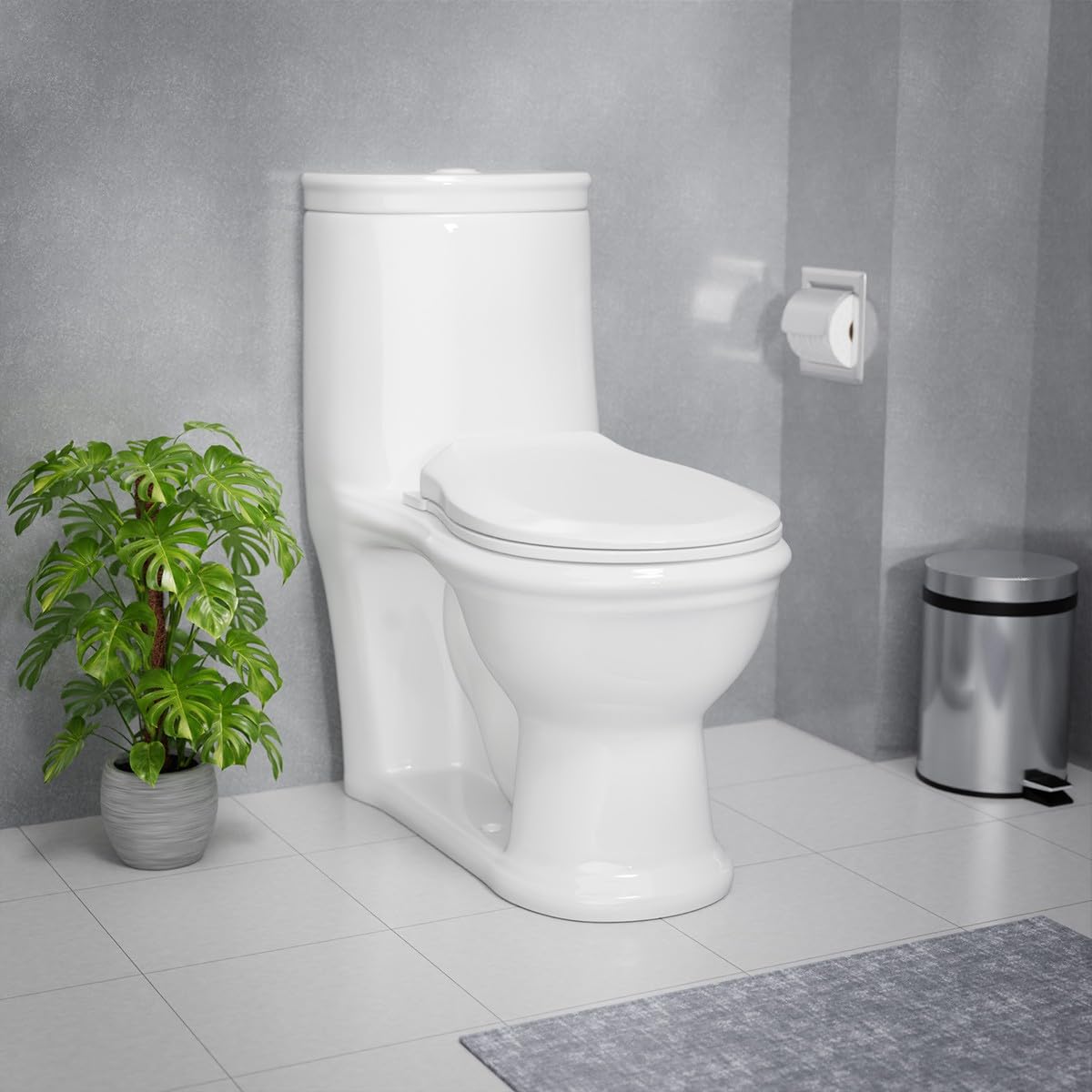 Kids Potty Training Toilet - Heavy Duty White Porcelain One-Piece Round Bathroom Toilet with Slow Close Seat & Push Button Flush (11.75