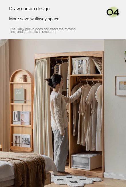 Oak Solid Wood Wardrobe with Curtain Design - Elegant Closet Storage for Bedroom, Living Room & Dorm Organization