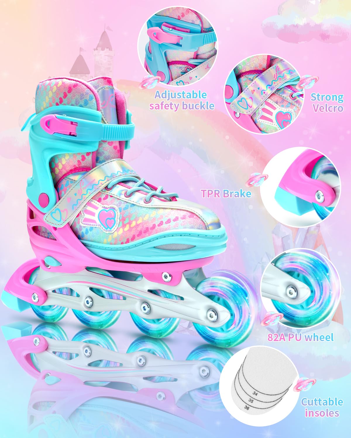 **Sportneer Adjustable Inline Skates for Kids & Youth - 4 Sizes, LED Light Up Wheels, Full Protective Gear Set - Perfect for Beginners, Girls, Women - Indoor & Outdoor Roller Skating Fun**