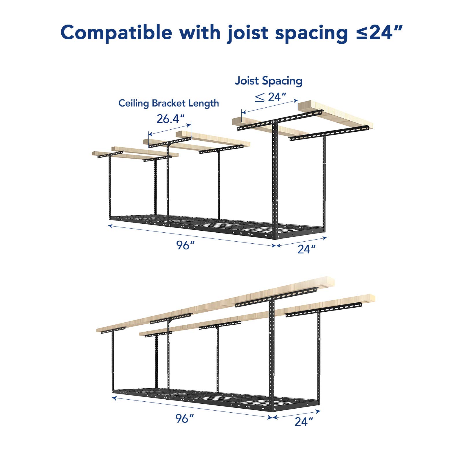 FLEXIMOUNTS 2x8 Garage Storage Rack - Heavy Duty Adjustable Overhead Ceiling Shelf System, 400lbs Capacity, Black Metal Organizer for Home, Garage, Basement & Workshop Storage Solutions