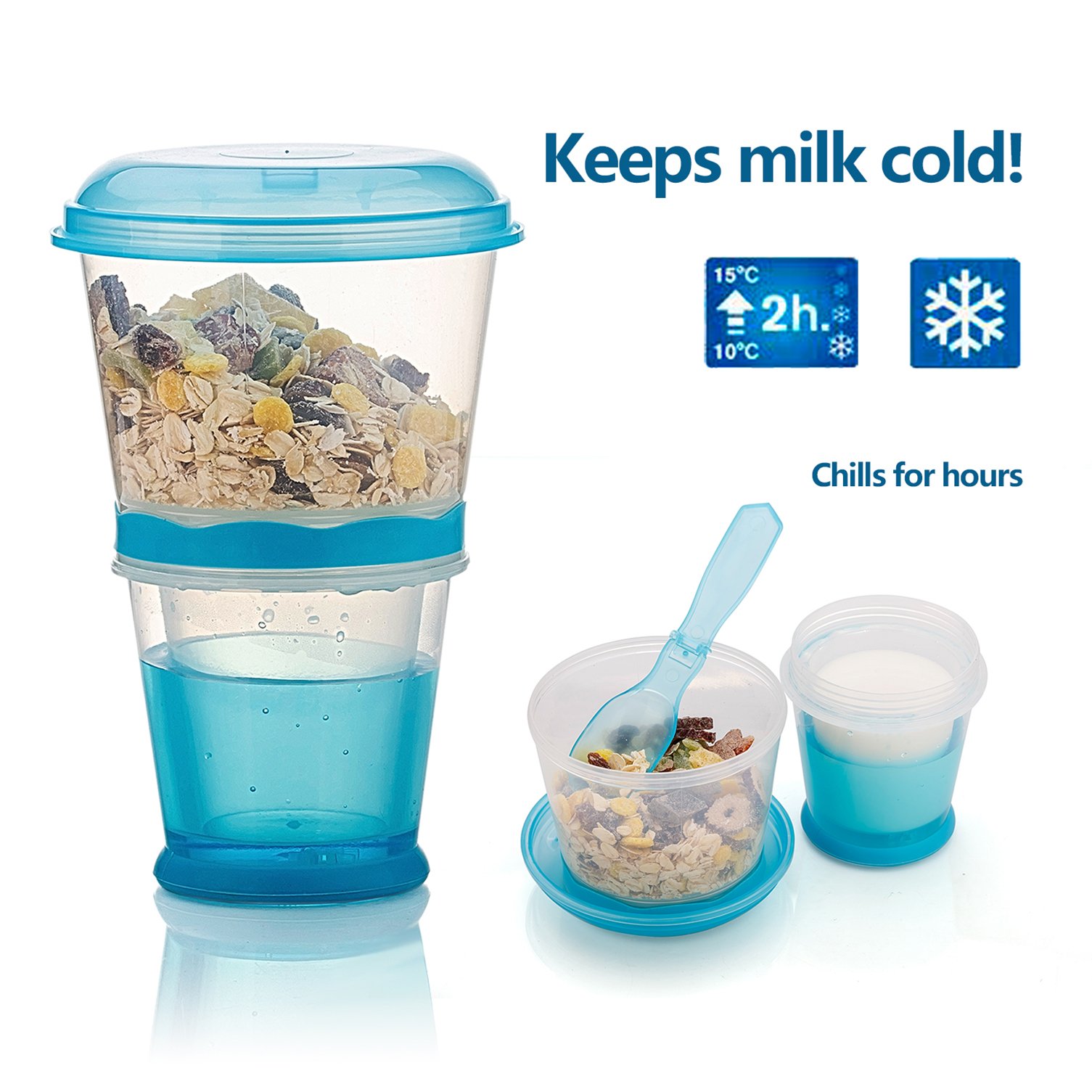 Portable Cereal Cup with Spoon - On-the-Go Breakfast Container for Milk, Yogurt & Snacks - Travel-Friendly Food Storage (Blue) - Perfect for Commuting, Camping & Office Lunch