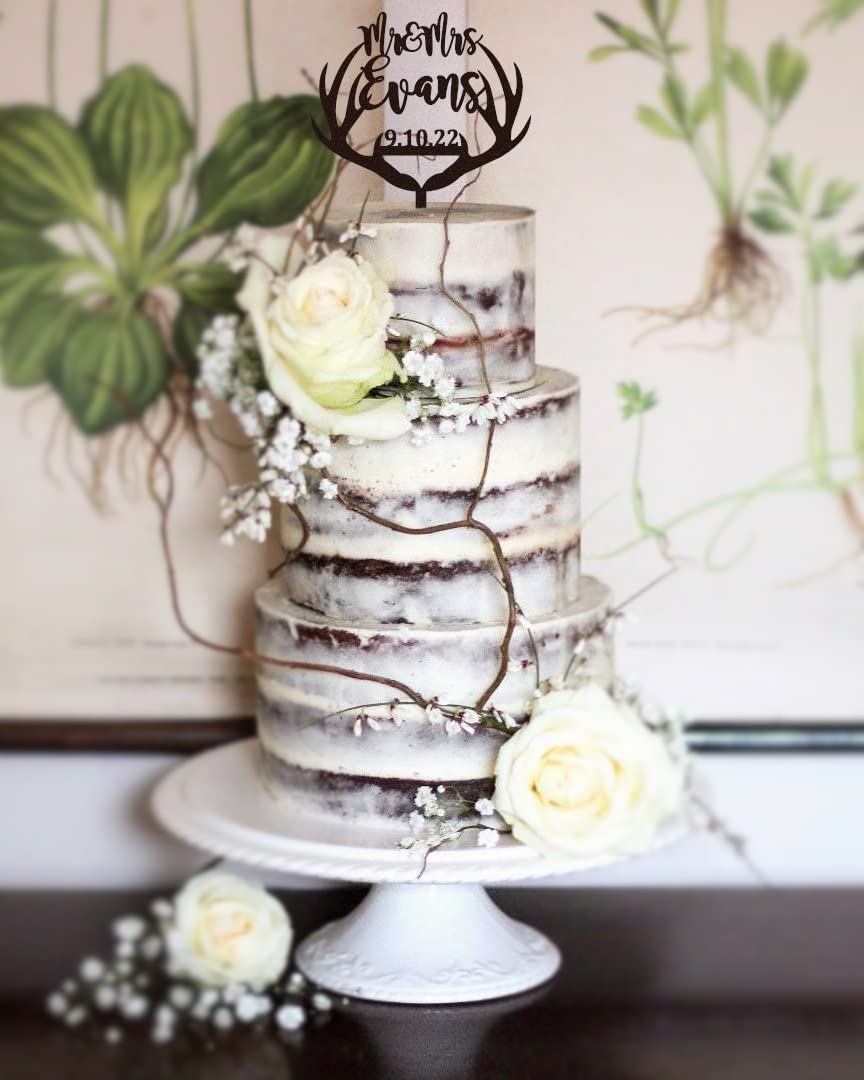 Personalized Antler Wedding Cake Topper - Custom Script Name Cake Decor for Rustic, Country & Boho Weddings - Perfect for Anniversary, Baby Shower & Special Celebrations