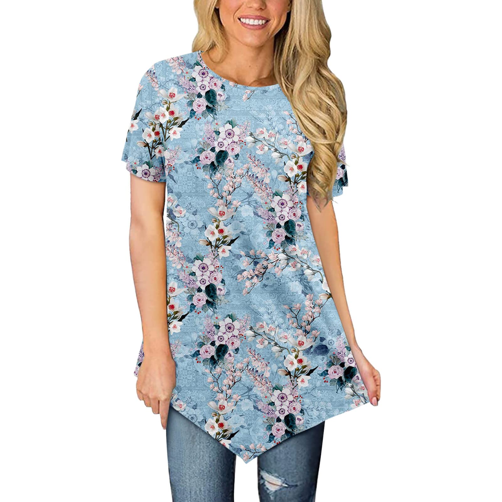 Women's Summer Graphic Tee - Casual Short Sleeve Round Neck Loose Fit T-Shirt with Asymmetrical Hem | Perfect for Beach Outings, Weekend Brunch & Summer Travel